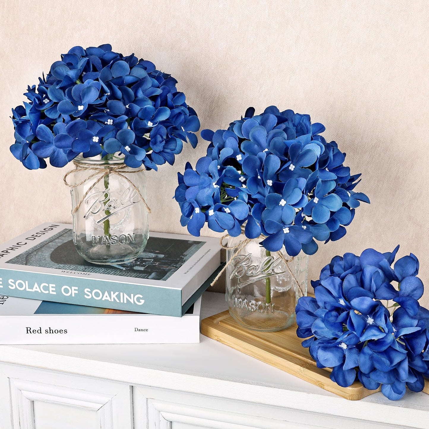 Scawim Mason Jars with Hydrangea, 10 Set Artificial Flower Table Centerpieces Glass Flowers Vases Decor for Home Wedding Farmhouse Bridal Shower Graduation Boho Decorative(Royal Blue)