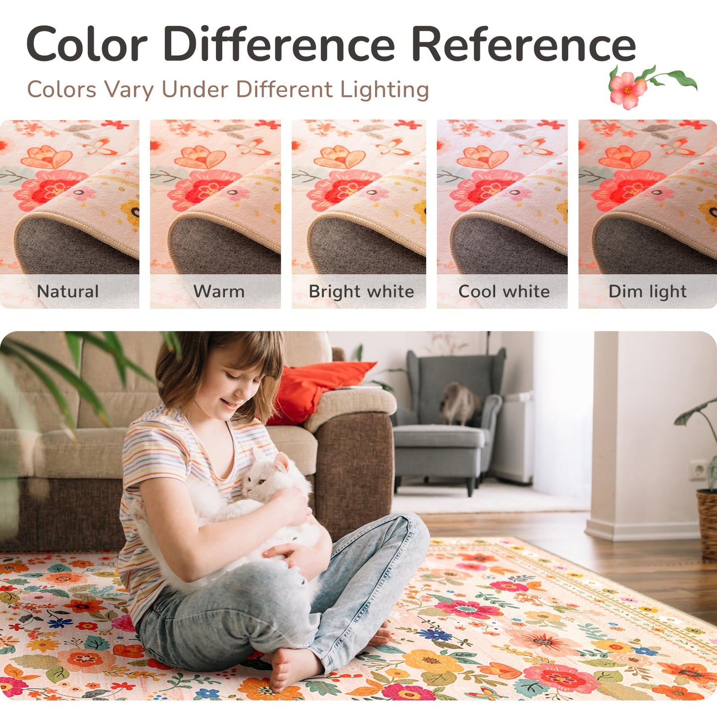 meejou 5x7 Area Rugs for Living Room Vacuum-Friendly Machine Washable Area Rug Flower Floral Printed Pattern Low Pile Non-Slip Carpet for Bedroom Hallway Entryway, Pink Beige