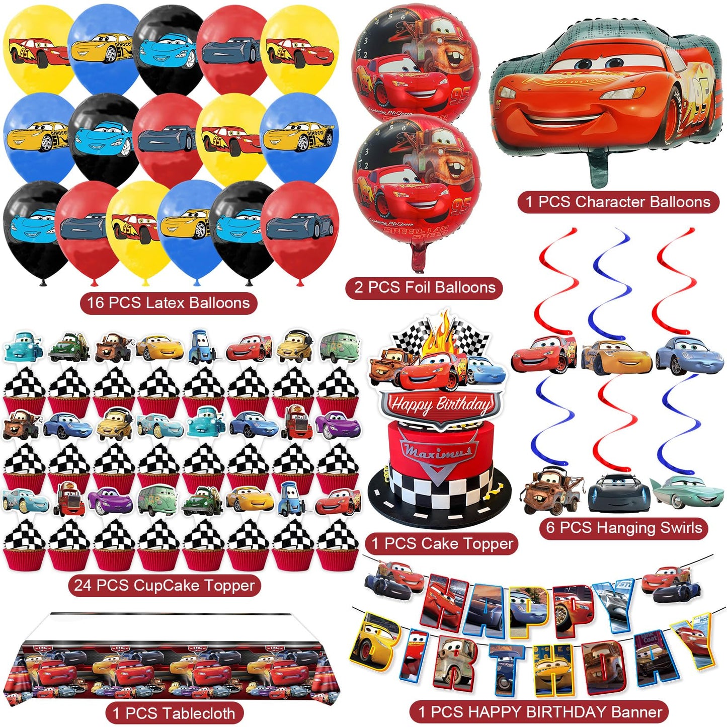 Cars Birthday Party Supplies, Party Decorations Set Include Banner, Balloons, Hanging Swirls, Cake Cupcake Toppers, Tablecloth for Boys Girls Cars Theme Party