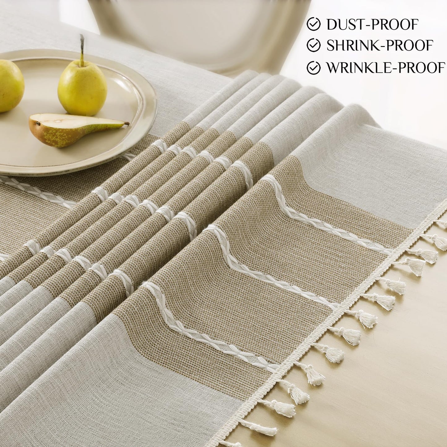 Softalker Outdoor Linen Tablecloth Rectangle, Waterproof Cotton Boho Farmhouse Table Cloths with Tassel, Heavy Weight Wrinkle Free Table Cover for Picnic Camping Dining - 55 x 70 Inch, Coffee Lines