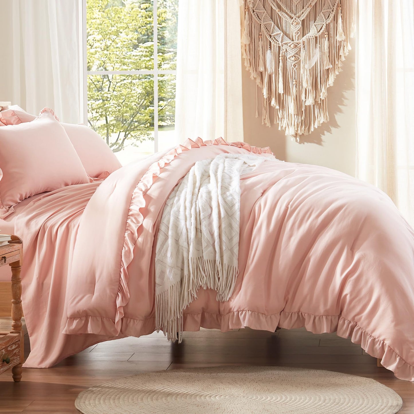 Anluoer Twin Comforter Set 5 Piece for Girl, Pink Bed in a Bag with Sheets, All Season Ruffle Shabby Chic Bedding Sets with 1 Comforter, 1 Pillow Sham, 1 Pillowcase, 1 Flat Sheet, 1 Fitted Sheet