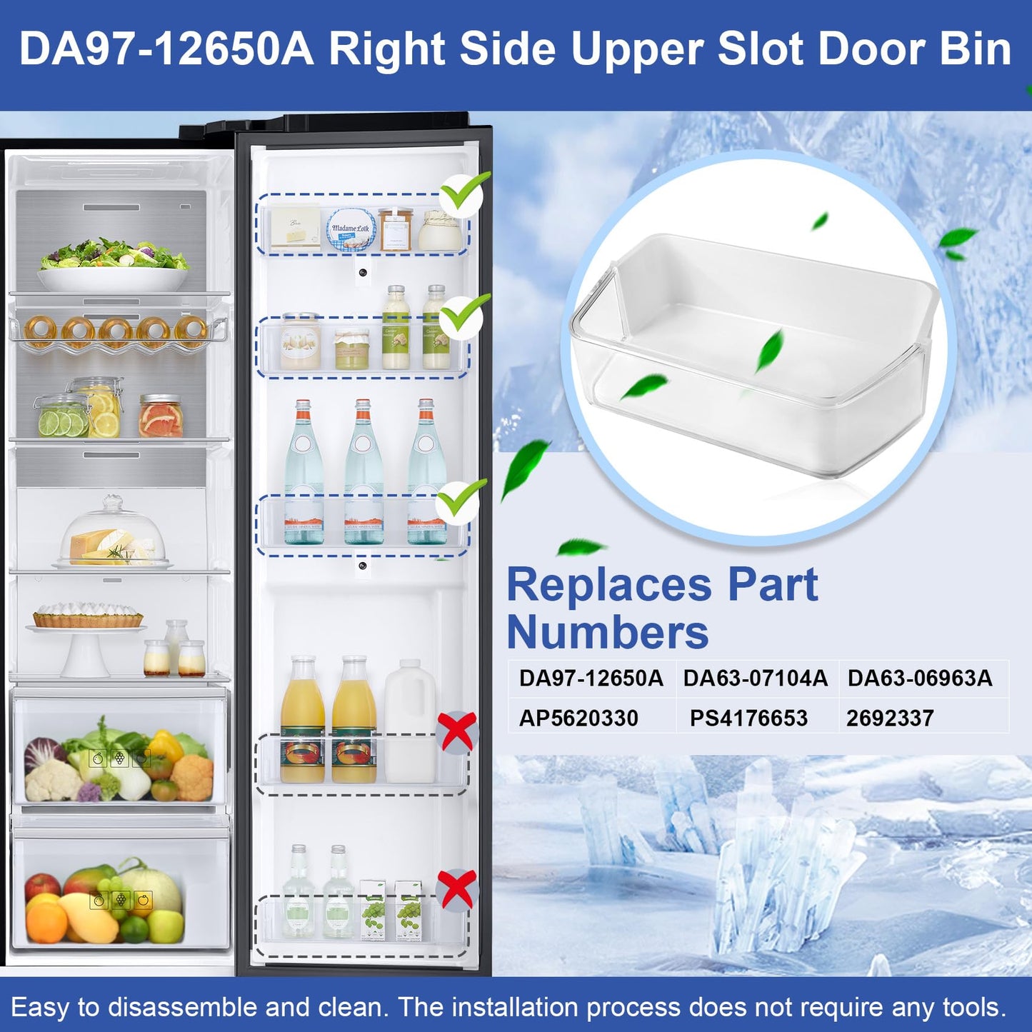 DA97-12650A Refrigerator Door Shelf Bin Basket Right Side Compatible with samsung RF260, RF261, RF263 Refrigerator Shelves Replaces DA63-07104A,2692337,AP5620330,PS4176653 (2Pack)