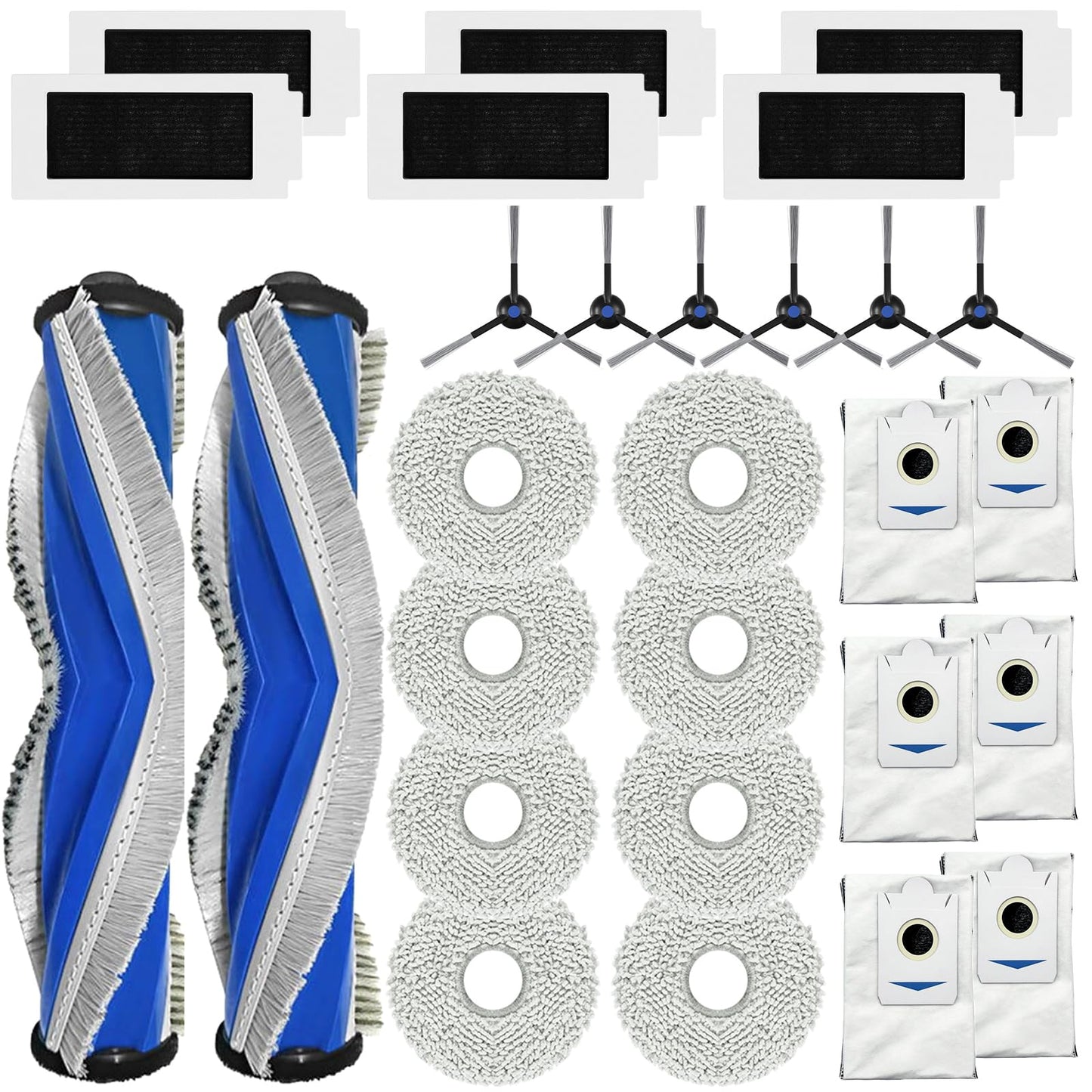 PhoebCynthi Replacement Accessories Parts Compatible with ECOVACS DEEBOT T30S/ T30s AI/ T30 Care Robot Vacuum Cleaner.（2 Main Brush,6 Side Brushes,6 Hepa Filters,8 Mop Pads,6 dust Bags）