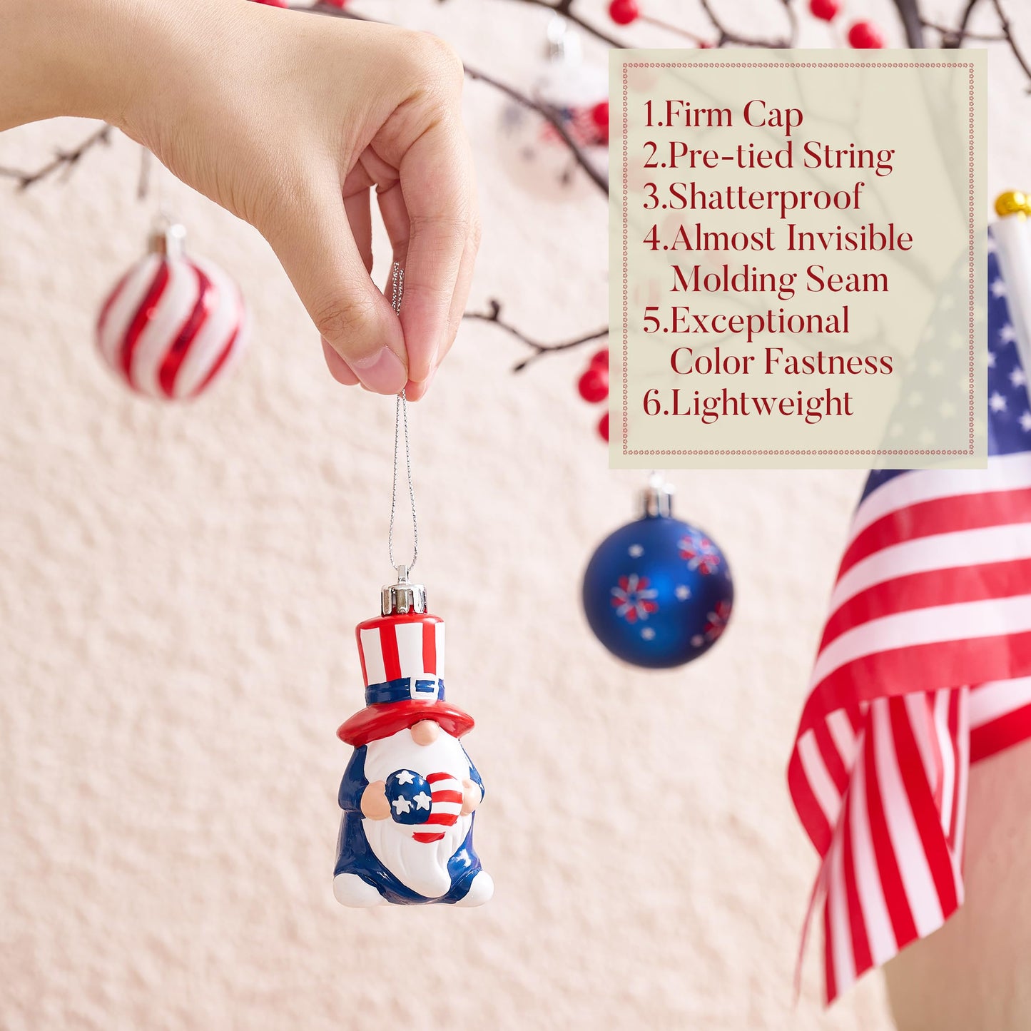 Valery Madelyn 4th of July Tree Decorations for Patriotic Memorial Day Ornaments, 50ct Medium Red White Blue Shatterproof Americana Gnome for Independence Day USA 250th Anniversary Hanging Ball Decor