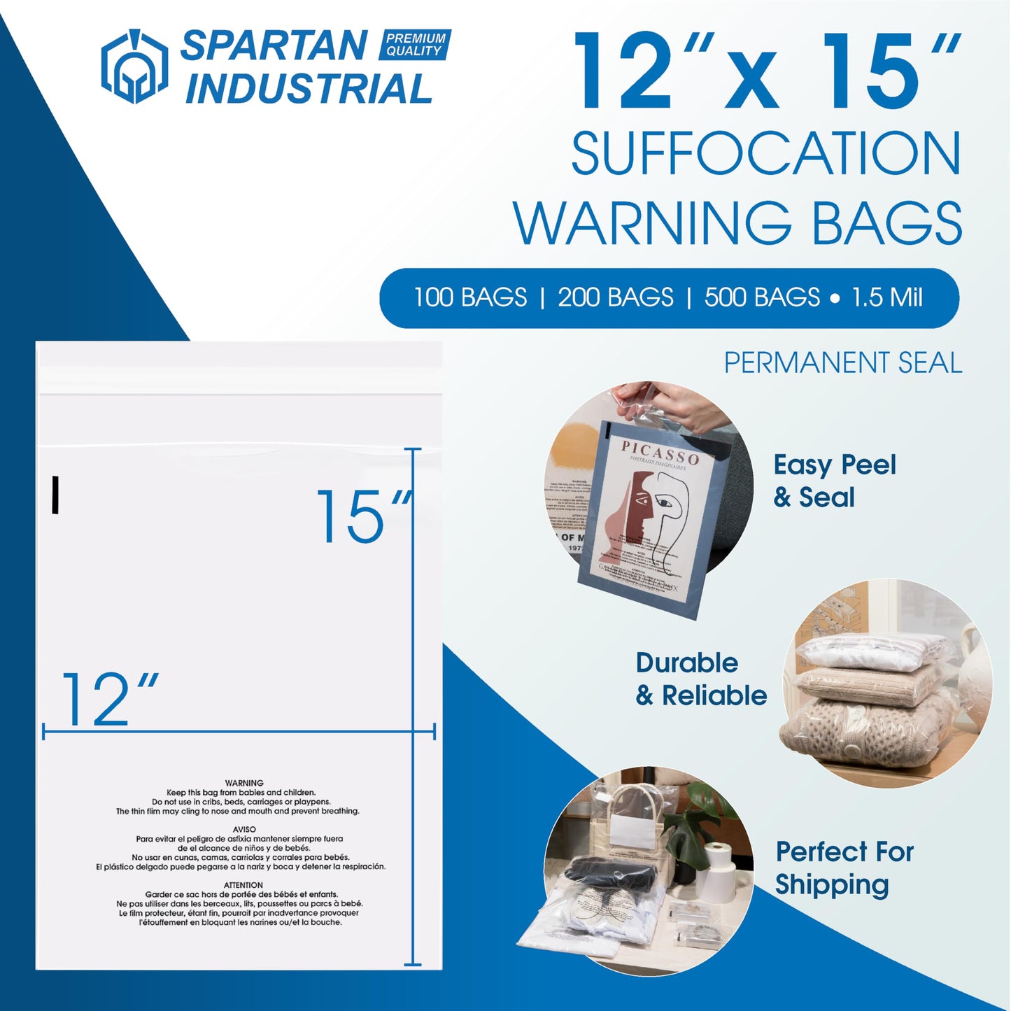 Spartan Industrial - 12" X 15" (500 Count) Self Seal Clear Poly Bags with Suffocation Warning for Packaging, Clothes - Permanent Adhesive