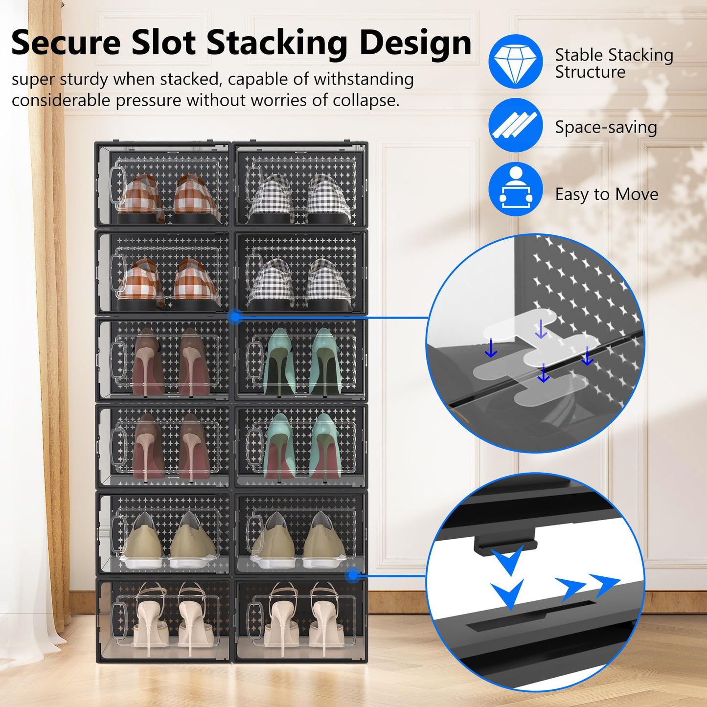 12 Pack Large Modular Clear Plastic Stackable Shoe Storage Organizer for Closet, Space Saving Versatile Sneaker Shoe Rack Containers Bins Holders, Portable Closet Organizers and Storage, Black
