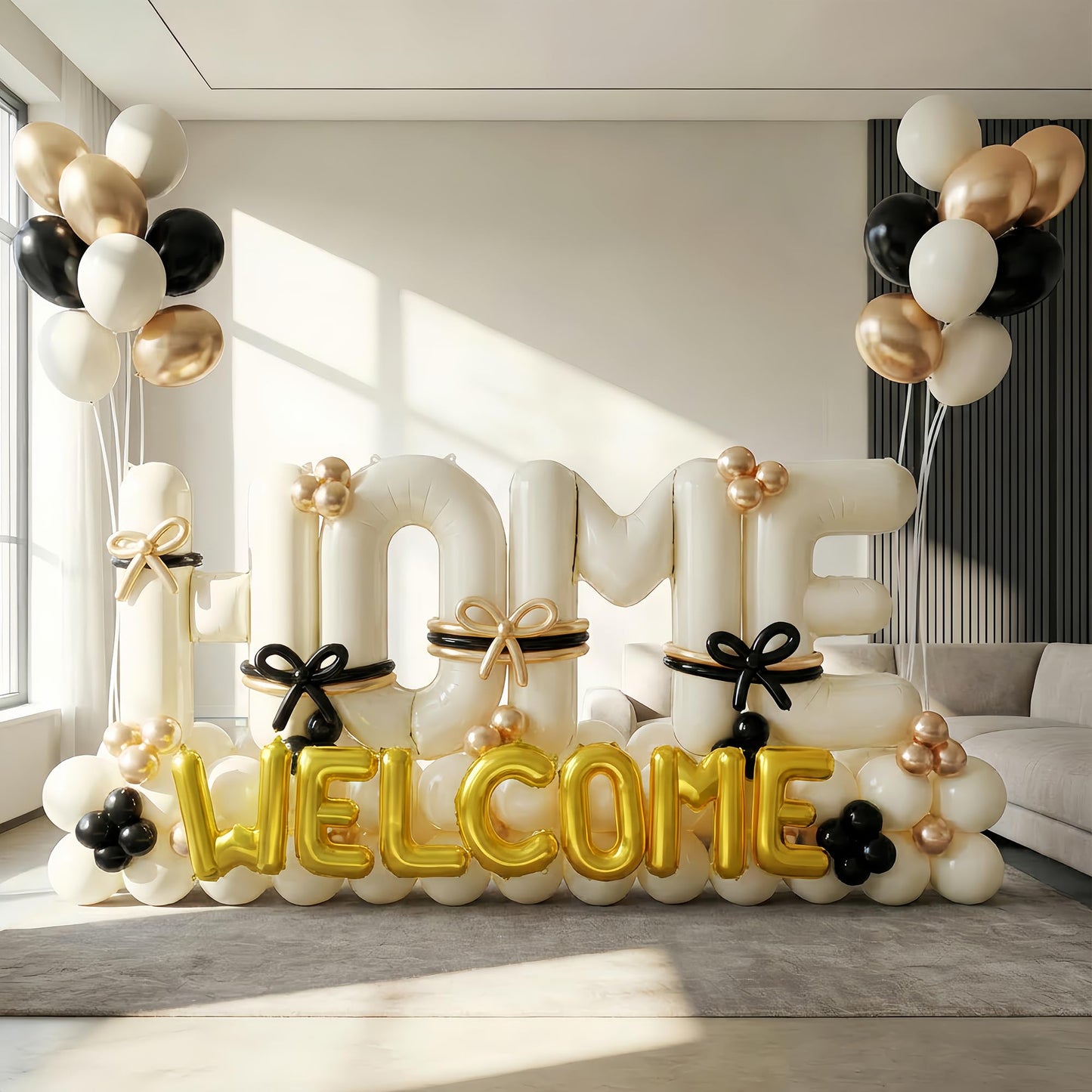 145Pcs Housewarming Party Decorations, 40Inch Beige Welcome Home Balloon Banner, Cream Ivory Black Gold Balloons for New Home Closing Sweet House Warming Homecoming Party Real Estate