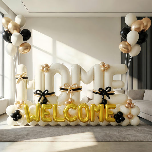 145Pcs Housewarming Party Decorations, 40Inch Beige Welcome Home Balloon Banner, Cream Ivory Black Gold Balloons for New Home Closing Sweet House Warming Homecoming Party Real Estate