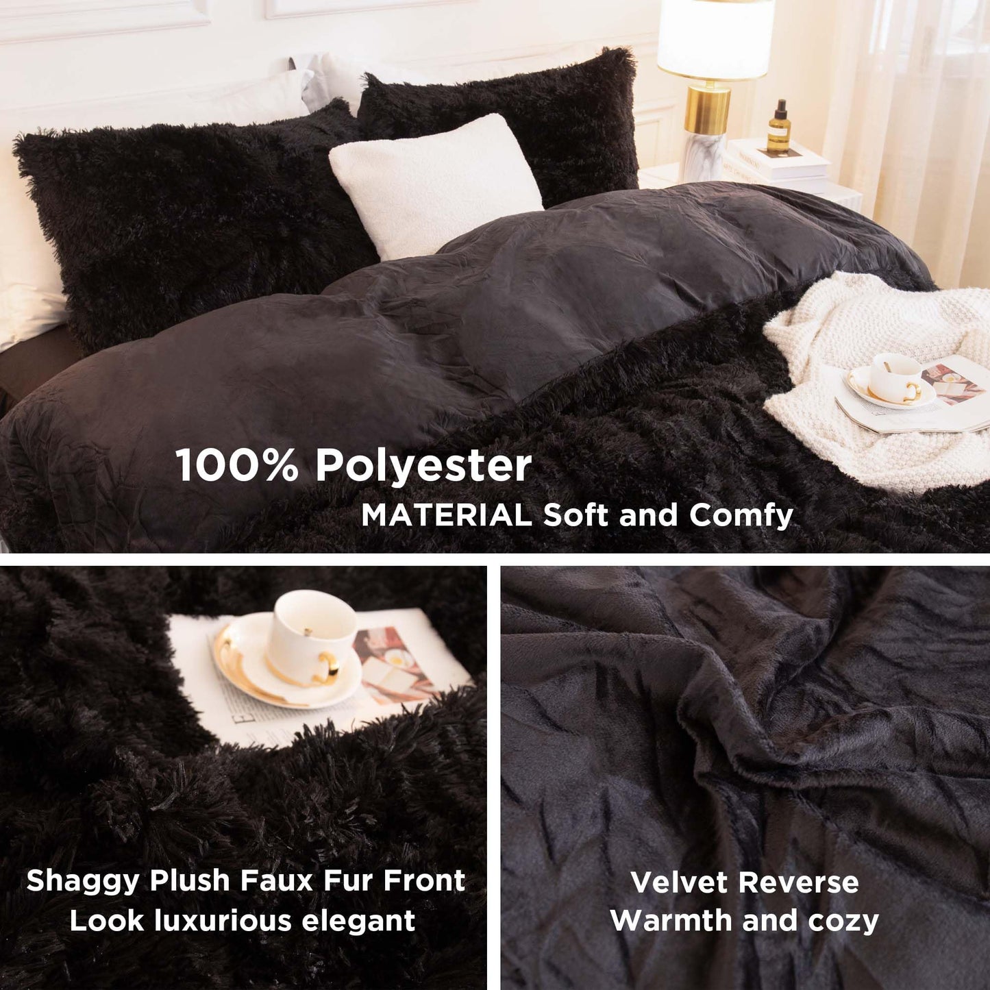 Andency King Size Comforter Set Black, Fluffy Winter Faux Fur Warm Soft Plush Bedding Comforter Set (1 Velvet Comforter & 2 Pillowcases), Fuzzy Thick Heavy Puffy Comforters Bed Set