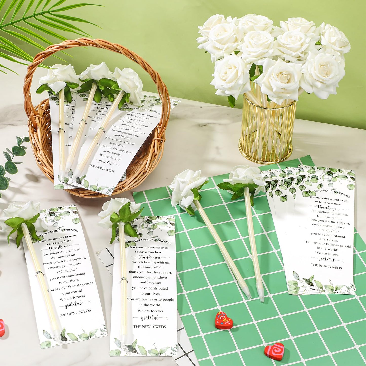 Spakon 36 Set Wedding Favors Pens for Guests Bulk - Bridal Shower Artificial Rose Flower Pen Thank You Cards with Twine Ballpoint Pen Black Ink for Wedding Games Office Proposal Gift(Cute Style)