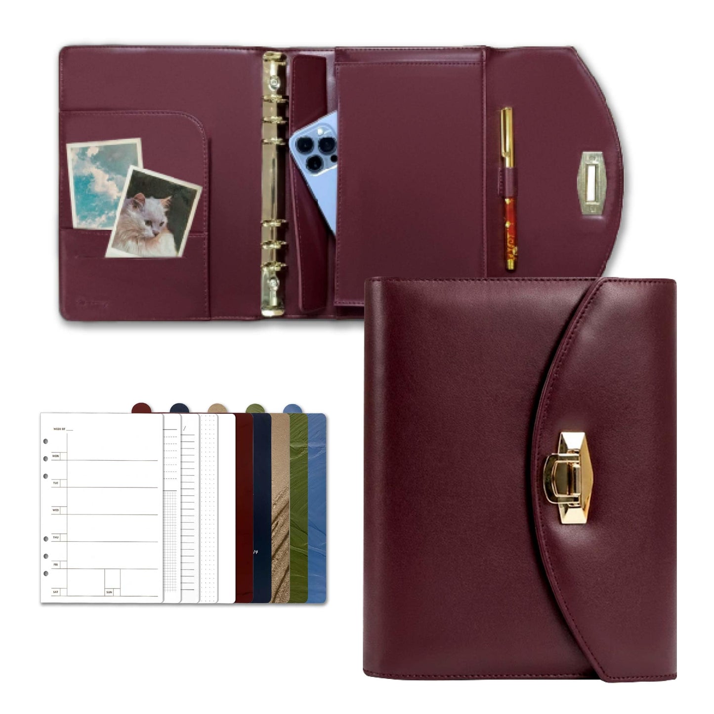 EGOSUNNY Terence Clutch-Style A5 PU Leather Planner 5.8" x 8.3", Refillable 6-Ring Binder with 80 Sheets, Dividers & Elegant Metal Ballpoint Pen – Professional Organizer for Work & Everyday Use