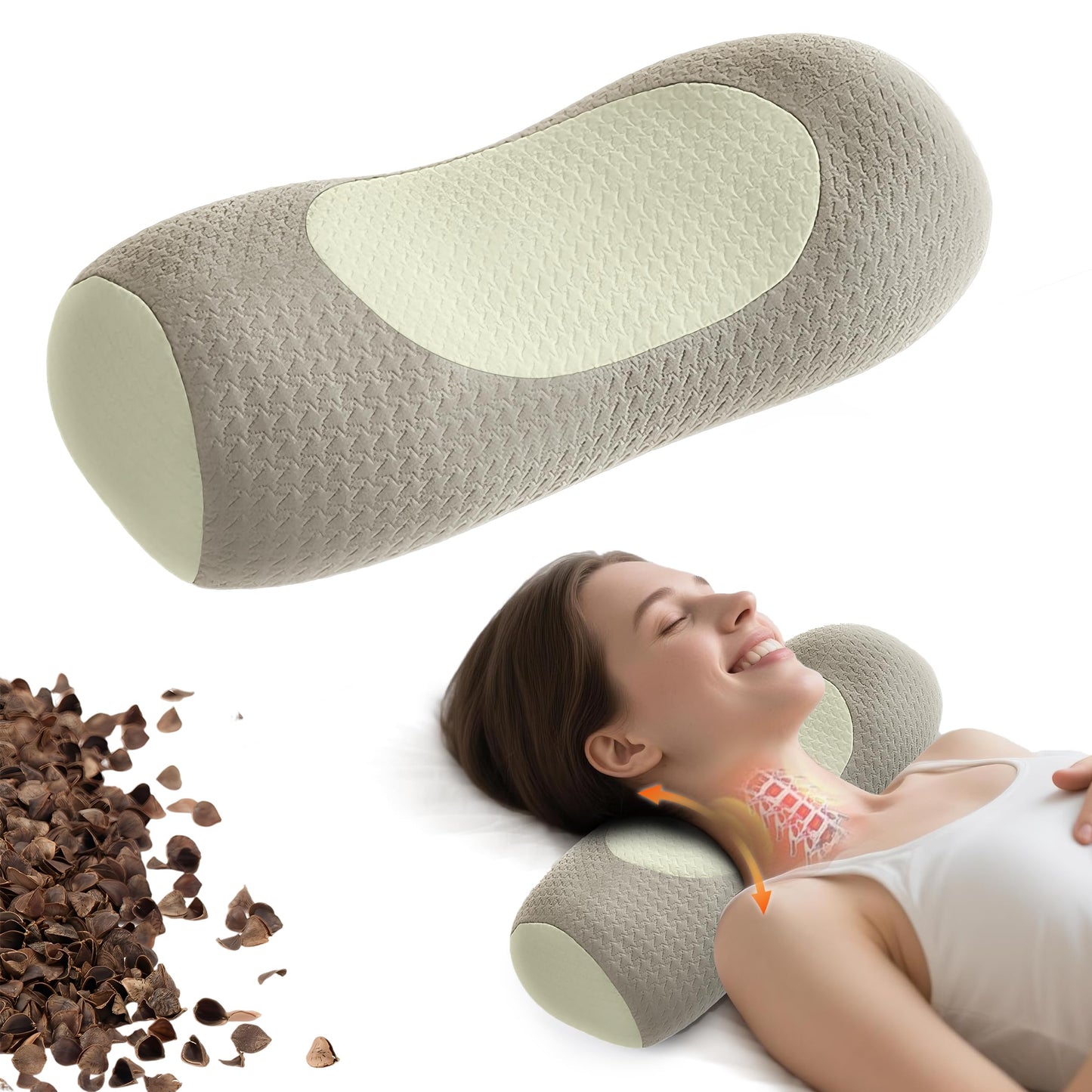 Qirelle Organic Buckwheat Cervical Neck Pillow, Adjustable Neck Roll for Sleeping, Ergonomic Neck Support Bolster for Side & Back Sleepers, Firm Support Pillow for Neck Pain Relief & Spine Alignment