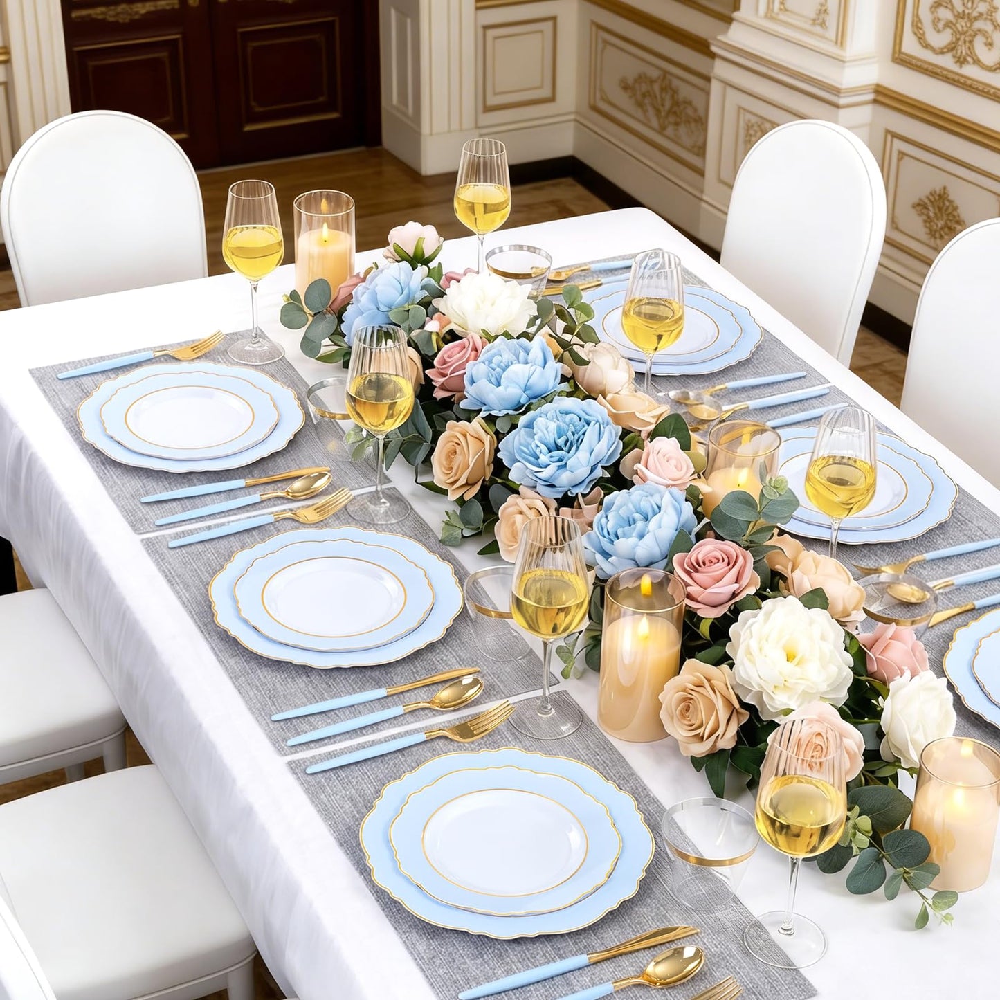 WDF 150pieces Baby Blue Plastic Plates with Gold Rim - Disposable Gold Plastic Silverware With Blue Handle-Baroque Light Blue&Gold Disposable Plates Dinnerware for Wedding/Party/Baby Shower