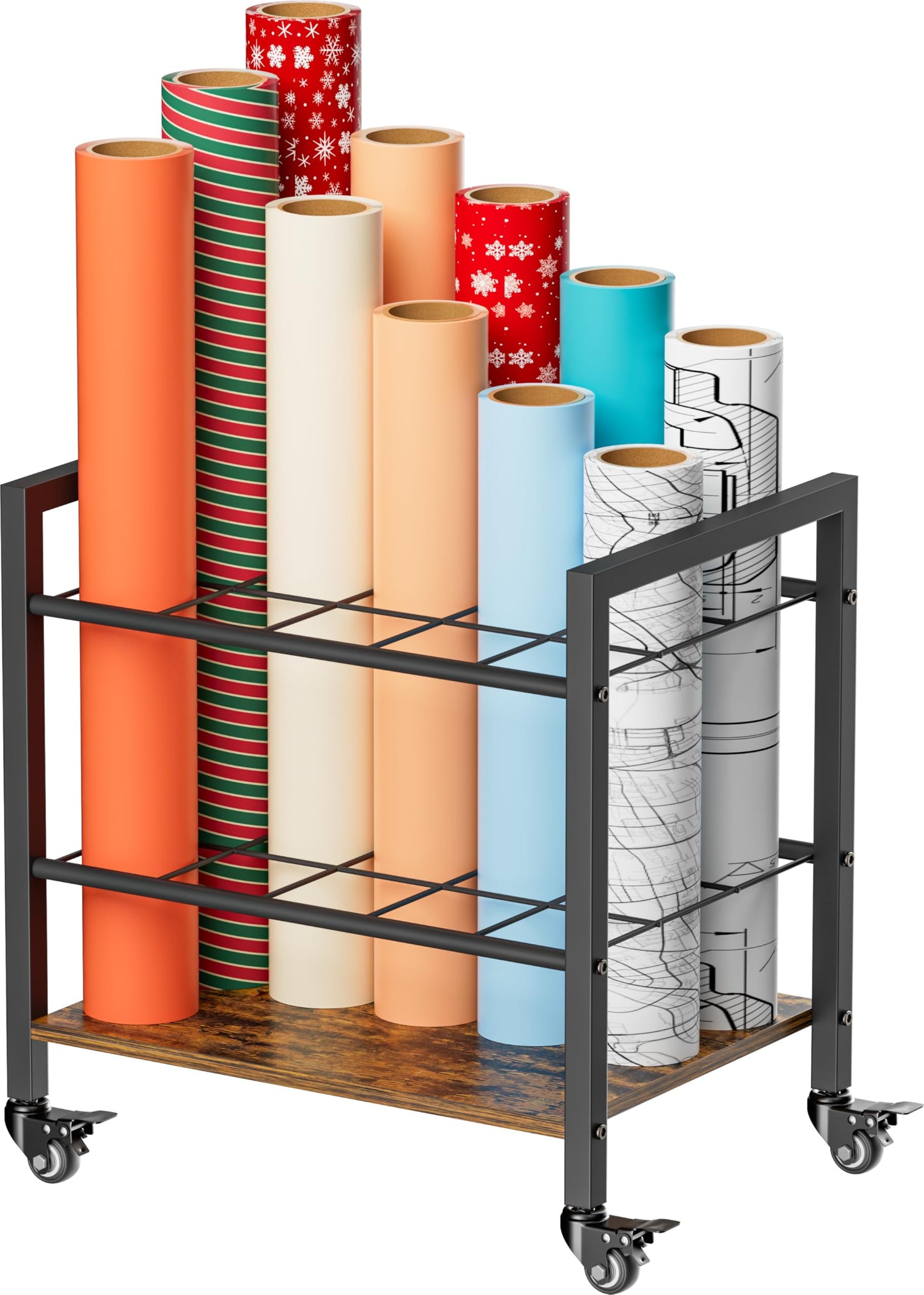 Tigerden Blueprint Storage Rack Cart, 15 Slots Metal Rolling File Holder with Wheels & Adjustable Pads, Mobile Gift Wrapping Paper Organizer for Maps/Posters/Architectural Construction Plans, Black