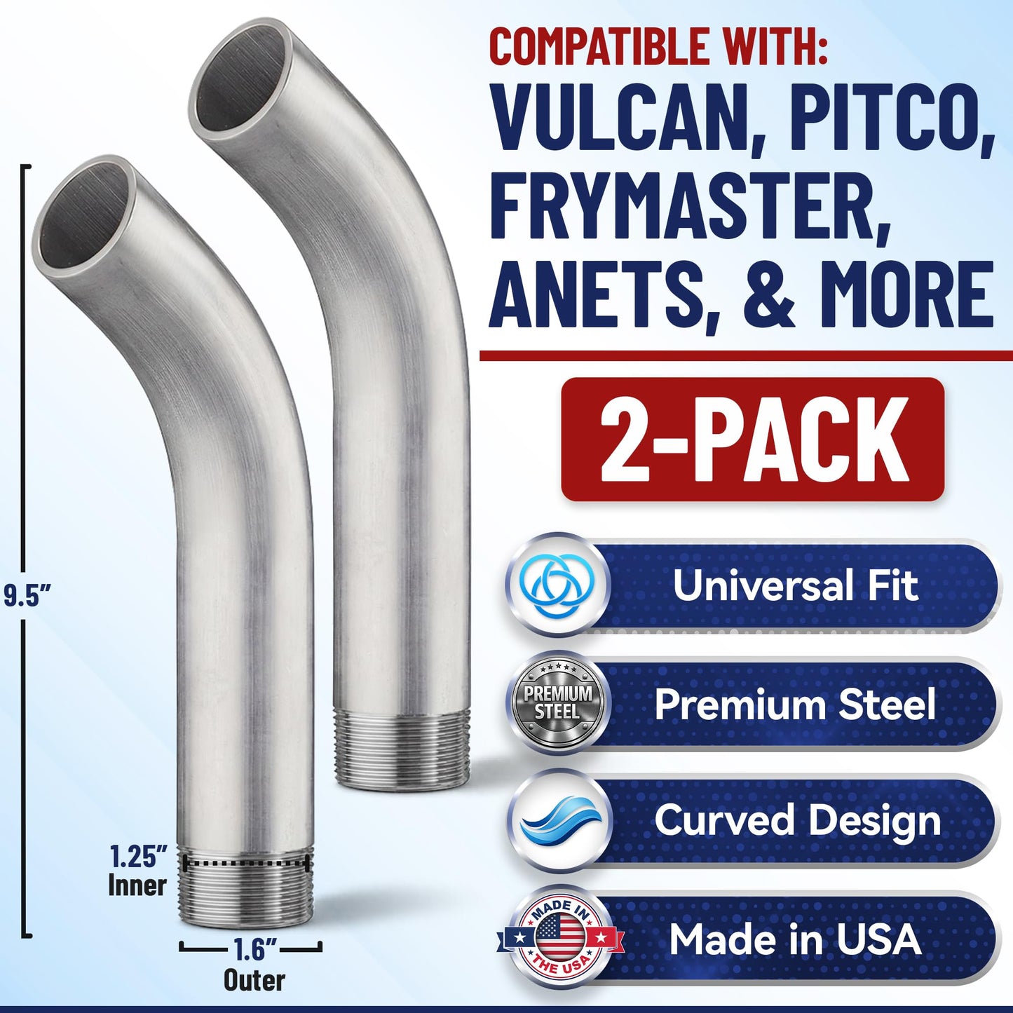 Deep Fryer Drain Pipe - 2 Pack Inner Diameter 1.25" (1.6" Outer) x 9.5" - Oil Fryer Drain Extension Pipe - Easy Installation - Curve Out Fitting for Pitco, Frymaster, Vulcan-Hart - by MirOil 90295