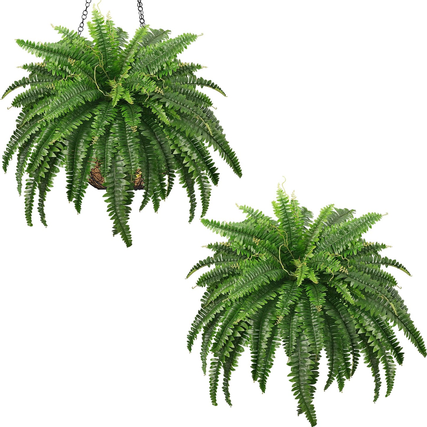 Richeerca Artificial Boston Ferns, 45IN Faux Ferns Artificial Plants, 2 Large Fake Bush Plants with 59 Fronds for Outdoors Patio Hanging Planter Hotel Lobby Home Decor