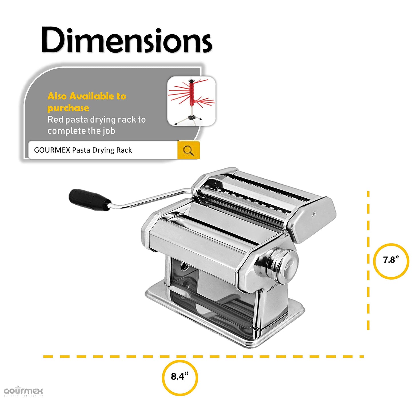 GOURMEX Pasta Maker Machine Stainless Steel Manual | With Adjustable Thickness Settings | Perfect for Homemade Spaghetti Fettuccini Noodles and Lasagna | Includes Removable Handle and Clamp (Silver)