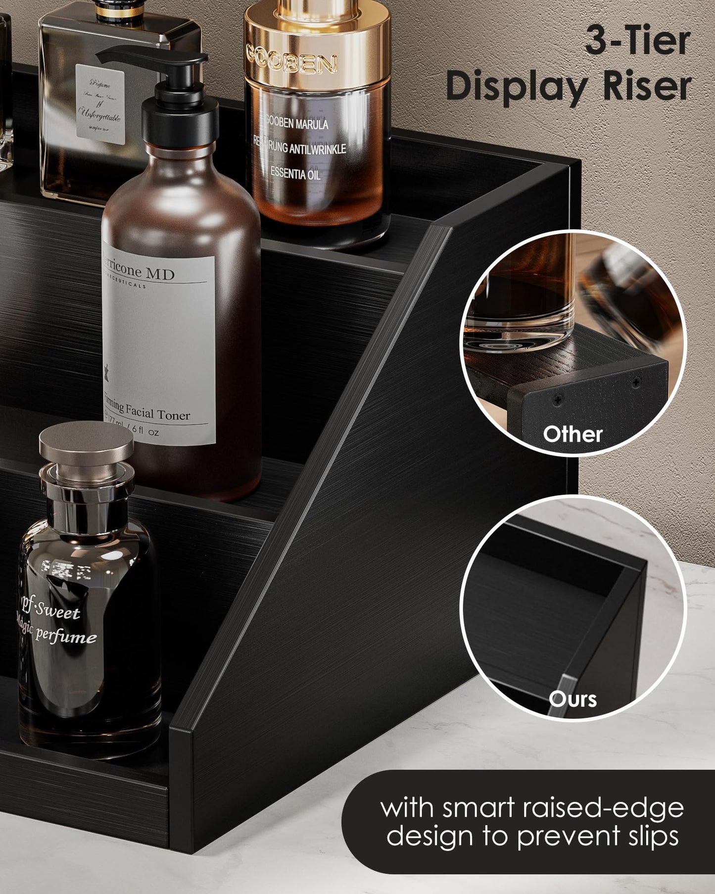 ProCase Wooden Cologne Organizer for Men, 3-Tier Elevated Wood Perfume Storage Display Shelf with Drawers, Dresser Storage Stand Riser for Fragrance Skin Care, Fathers Day Gift for Dad Husabnd-Black