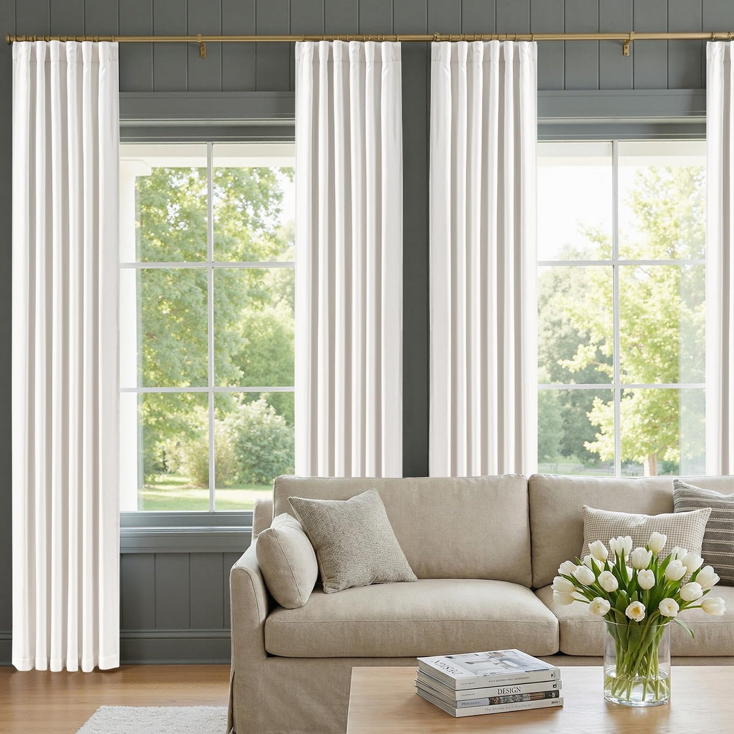 100% Blackout Curtains for Bedroom Decor White Linen Textured Curtains with Liner Insulated Thermal Curtains for Living Room 84 Inch Long 2 Panels Noise Reducing Blackout Drapes Back Tab Window Drapes