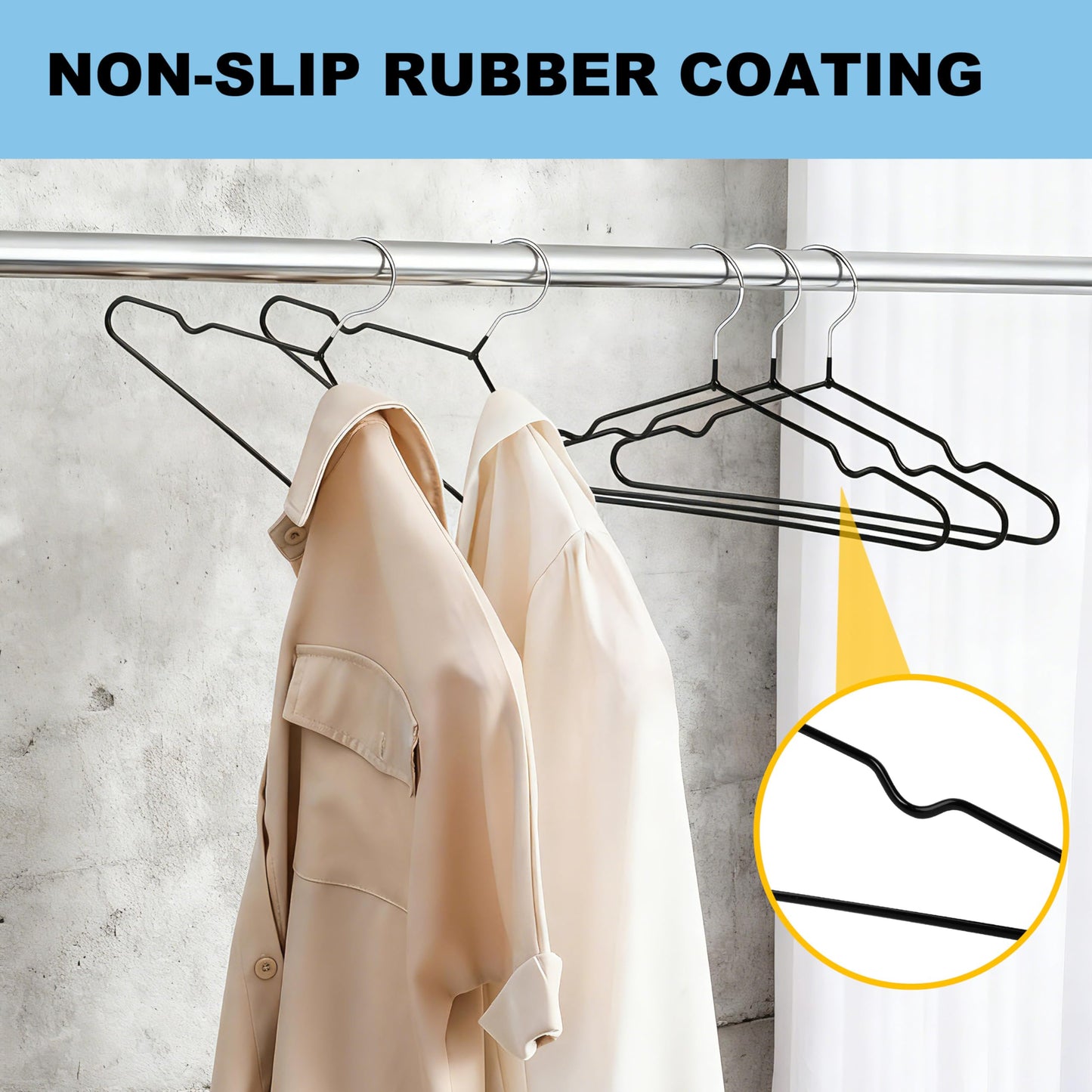 Quality 16-Inch ClosetMax Metal Non-Slip Hangers – 50-Pack – Thin 3.6MM Space Saving with PVC Rubber Coating, Anti-Rust, Chrome Hook – for Everyday Lightweight Clothing (50, Black, 16 Inch)
