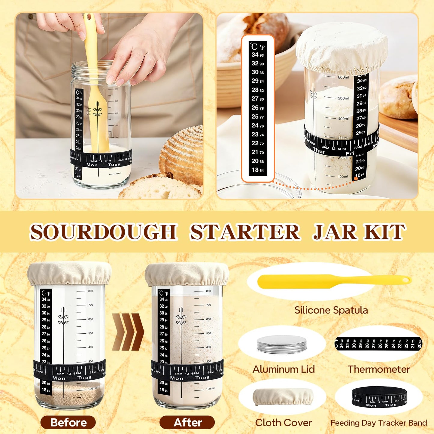 Sourdough Starter Kit, Sourdough Bread Baking Supplies, Round & Oval Banneton Bread Proofing Basket, Bread Sling, Starter Jar, Dough Whisk, Scrapers, Stencils & Bag, Complete Sourdough Kit Gifts