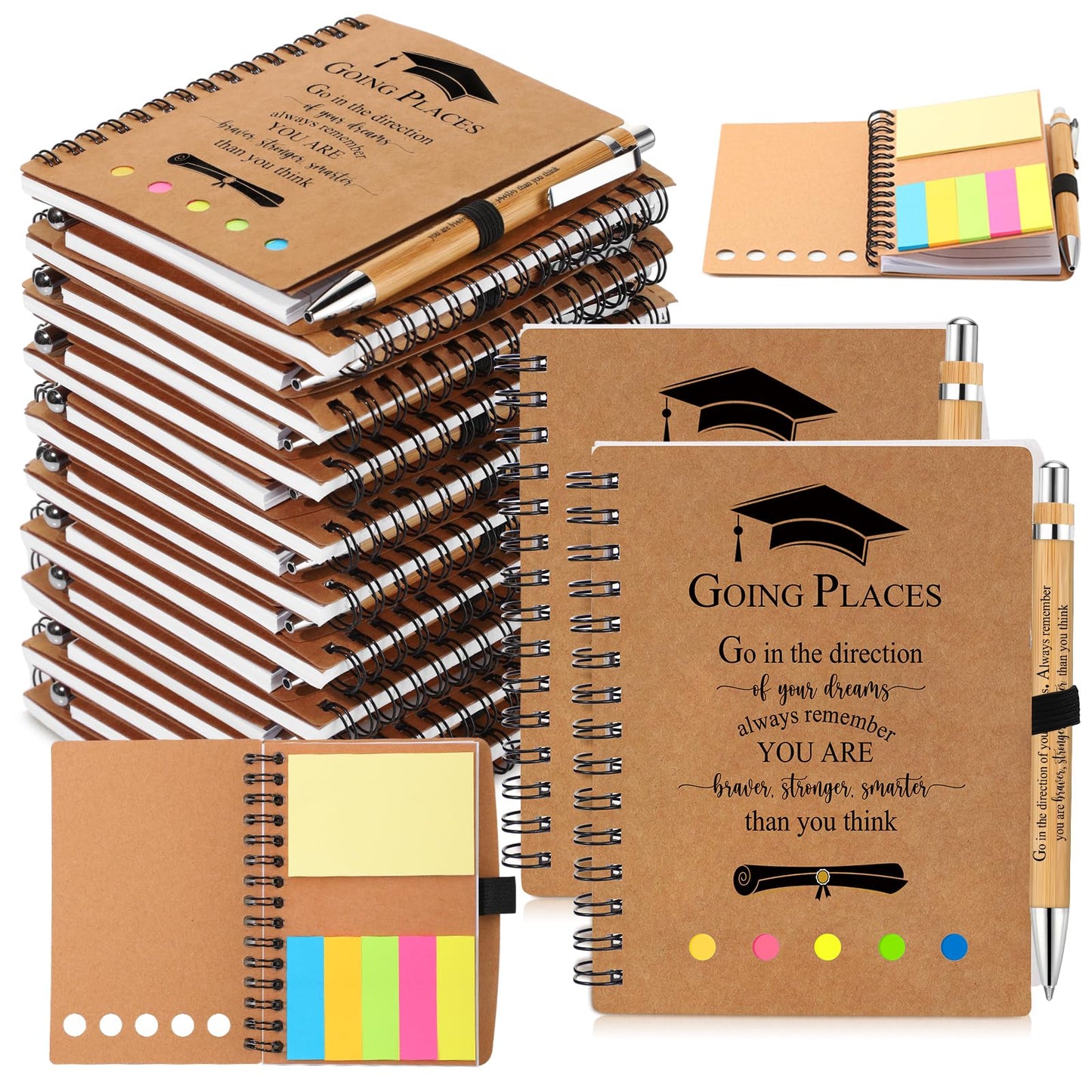 Dinifee 20 Set Graduation Gift Bulk 2026 Inspirational Spiral Kraft Notebook with Sticky Note Bamboo Ballpoint Pen Notepad for Graduation Party Favors Teacher Graduate