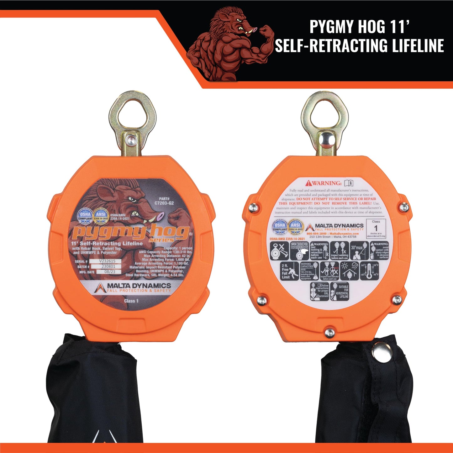 Malta Dynamics Pygmy Hog 11-Foot Self-Retracting Lifeline (SRL) – OSHA & ANSI Compliant Fall Protection Retractable Lanyard with Rebar Hook – Class 1-P, Lightweight, Durable, 310 Pound Capacity
