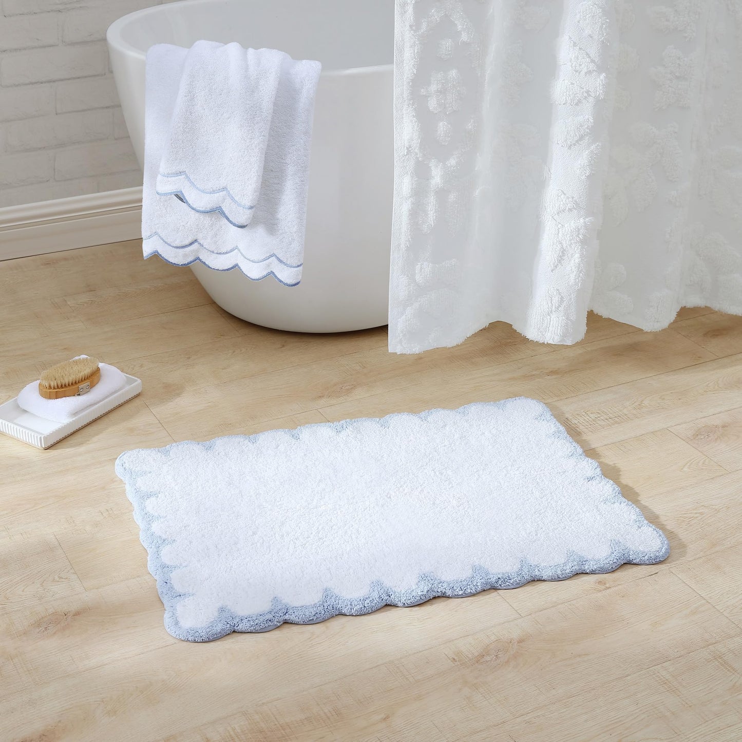 Peri Home Scalloped Bath Rug - Soft & Absorbent 100% Cotton Tufted Bath Mat, 20" x 30", White with Blue Scallop