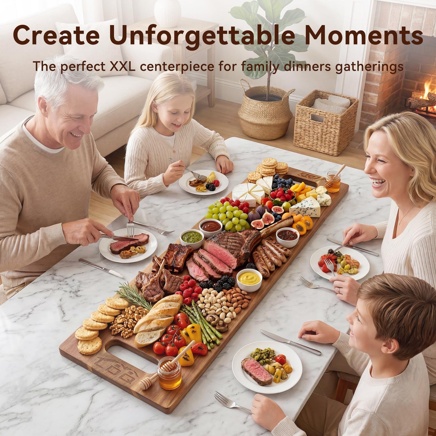 LDQ 36 x 11 Inch Extra Large Charcuterie Board, Acacia Wood Serving Board with Handles and 2 Stands, Rectangular Cheese Platter, Long Cutting Board and Serving Tray for Meat, Party Appetizers