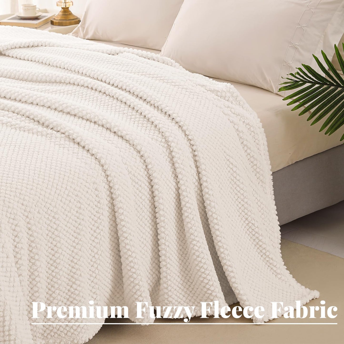 Whale Flotilla Queen Size Fuzzy Fleece Blanket for Bed, 90x90 Inch Fluffy Soft Jacquard Blankets for All Season, Lightweight and Cozy, Ivory