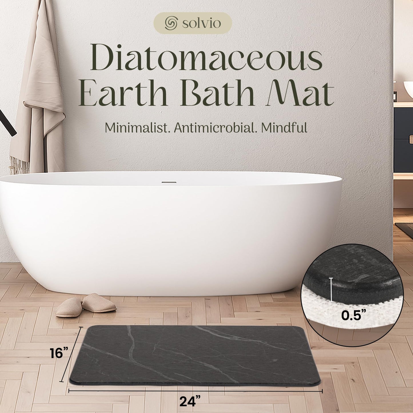 SOLVIO Quick Dry Shower Stone Bath Mat, Super Absorbent & Non-Slip 24 x 16 Inch Diatomaceous Earth Mat, Durable & Easy to Clean Diatomite Bath Mat for Bathroom Floor/Kitchen (Marble)