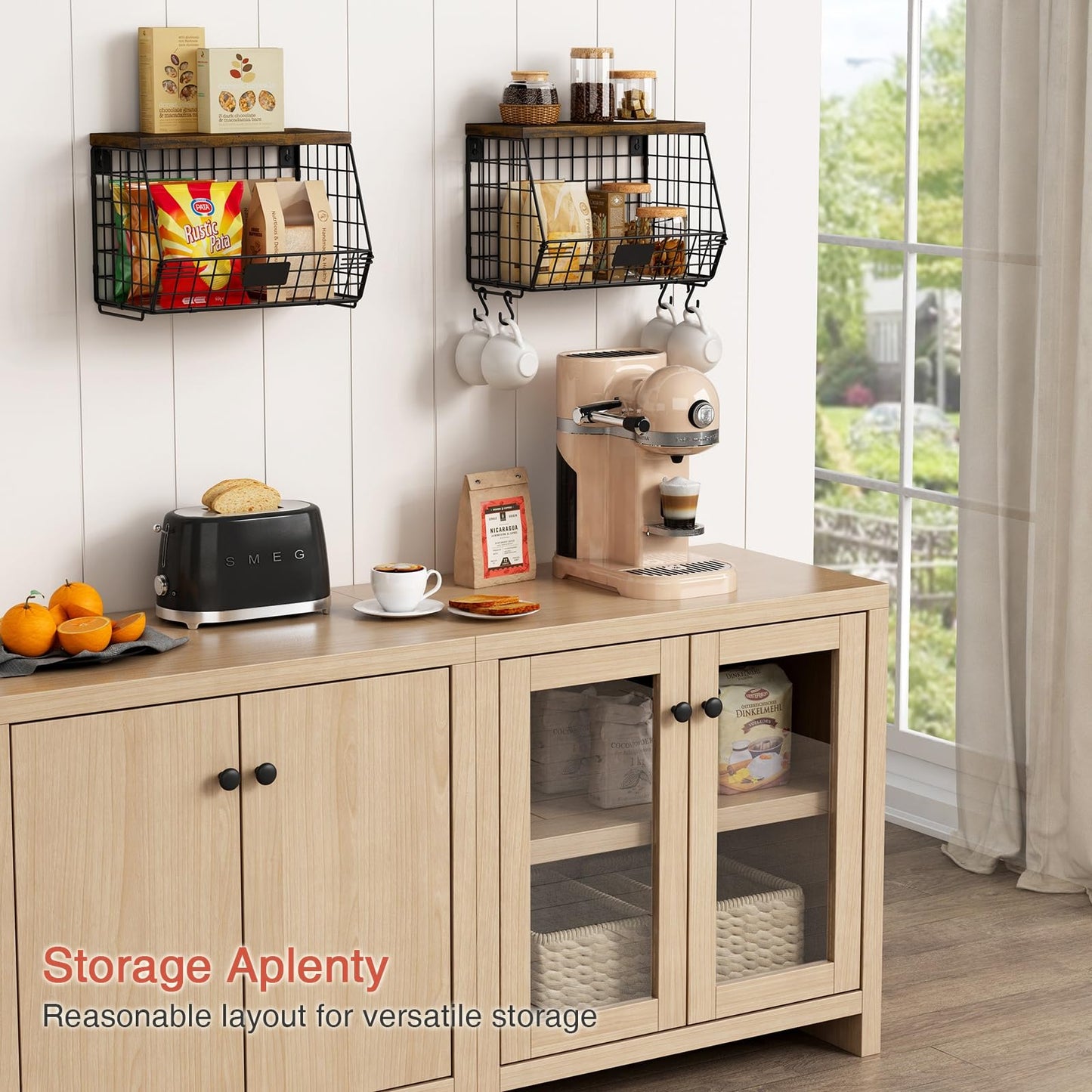 Goozii Hanging Wall Fruit Basket for Kitchen Counter 2 Pack, Stackable Wire Baskets for Organizing with Wood Lid, Potato and Onion Storage Bin with Banana Hook for Vegetable Produce, Black + Rustic