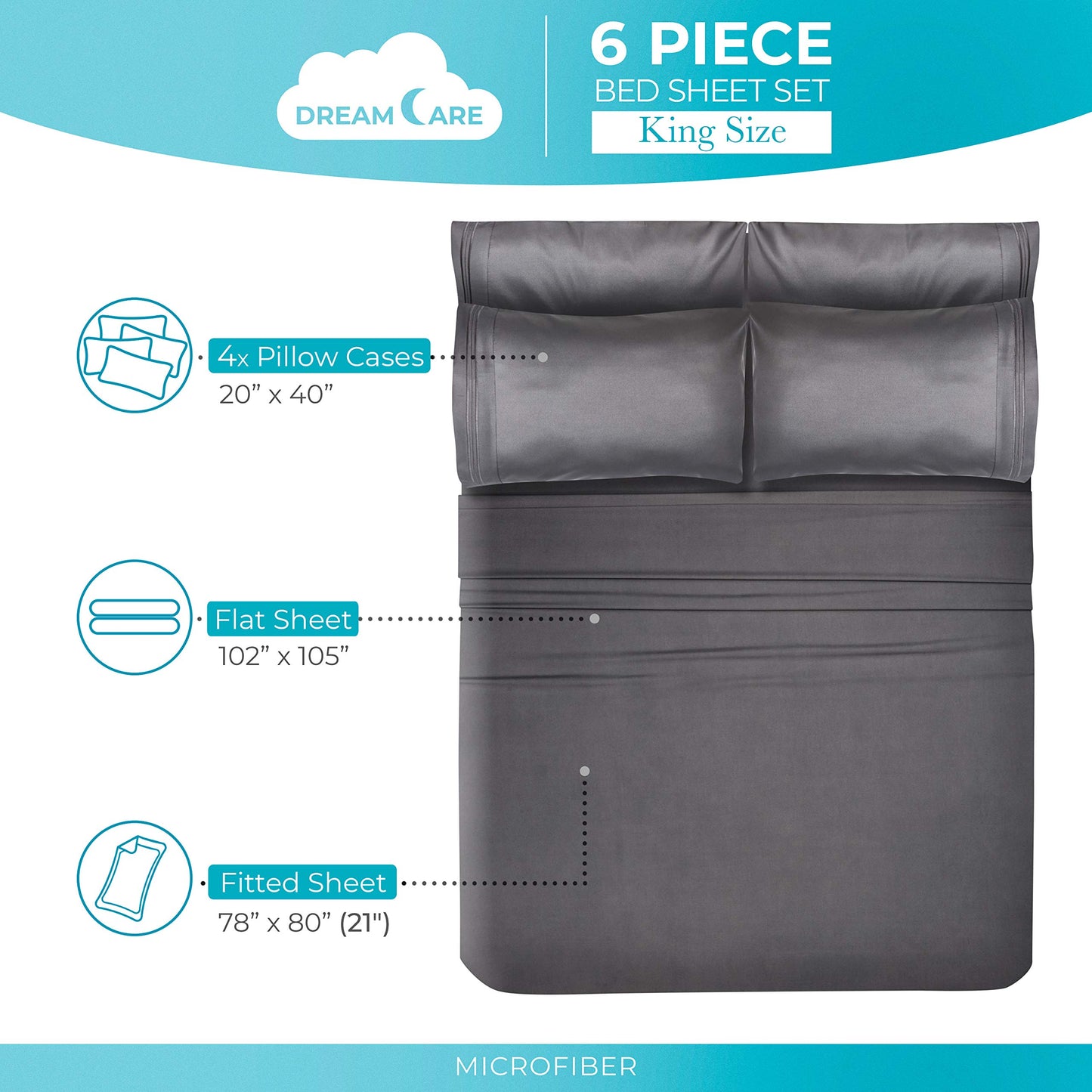 DREAMCARE King Size Sheets Set - 6 pcs Breathable Cooling Bed Sheets - up to 21" Extra Deep Pocket King Sheet Set with Side Pockets - Extra Soft 100% Brushed Hypoallergenic Hotel Luxury Bedding - Gray