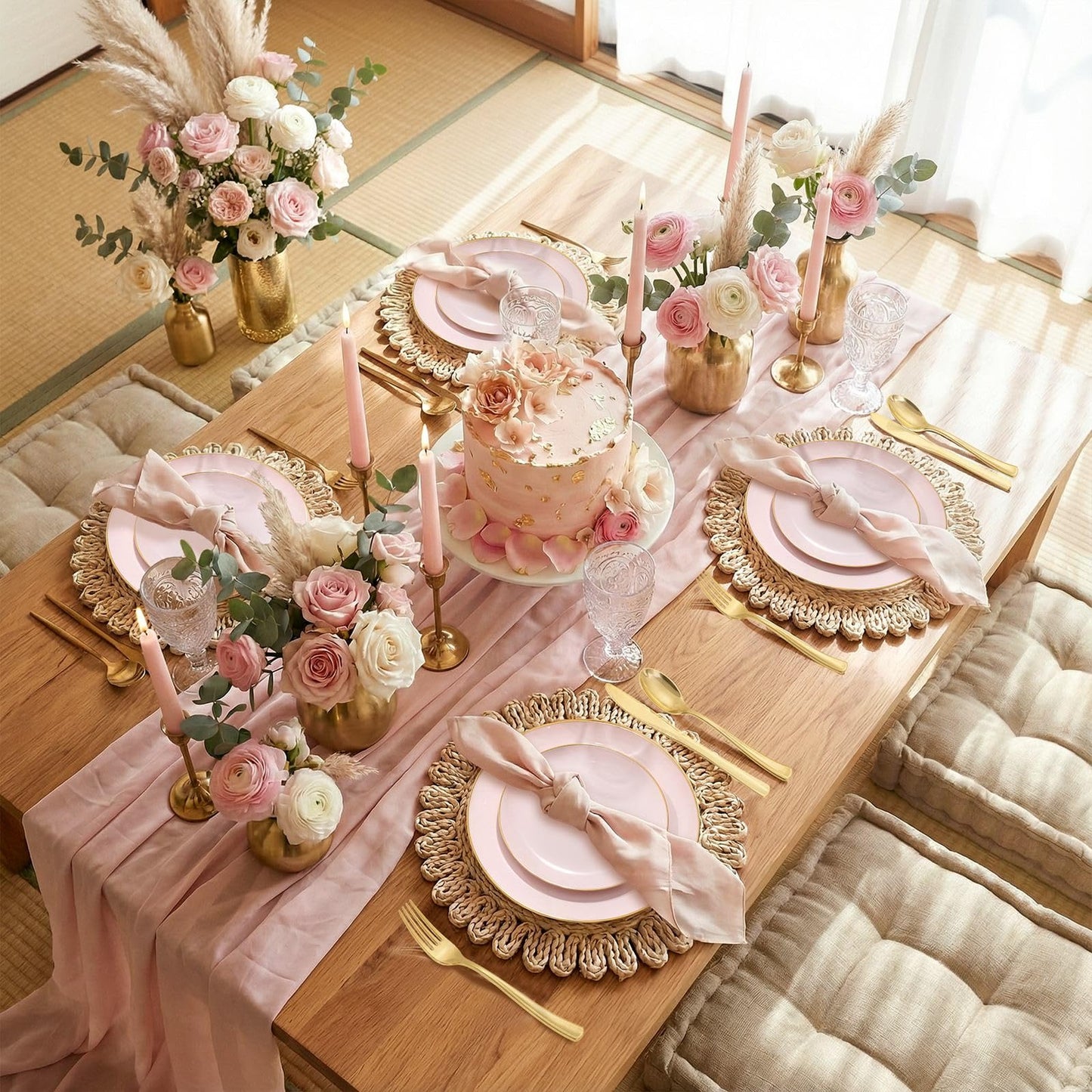 WDF 300Pcs Pink Plates Disposable - Pink and Gold Plastic Dinnerware Set for 50 Guests Include 50 Dinner & Cake Plates & 50 Disposable Cutlery & 50 9oz Cups for Wedding/Baby Shower/Birthday