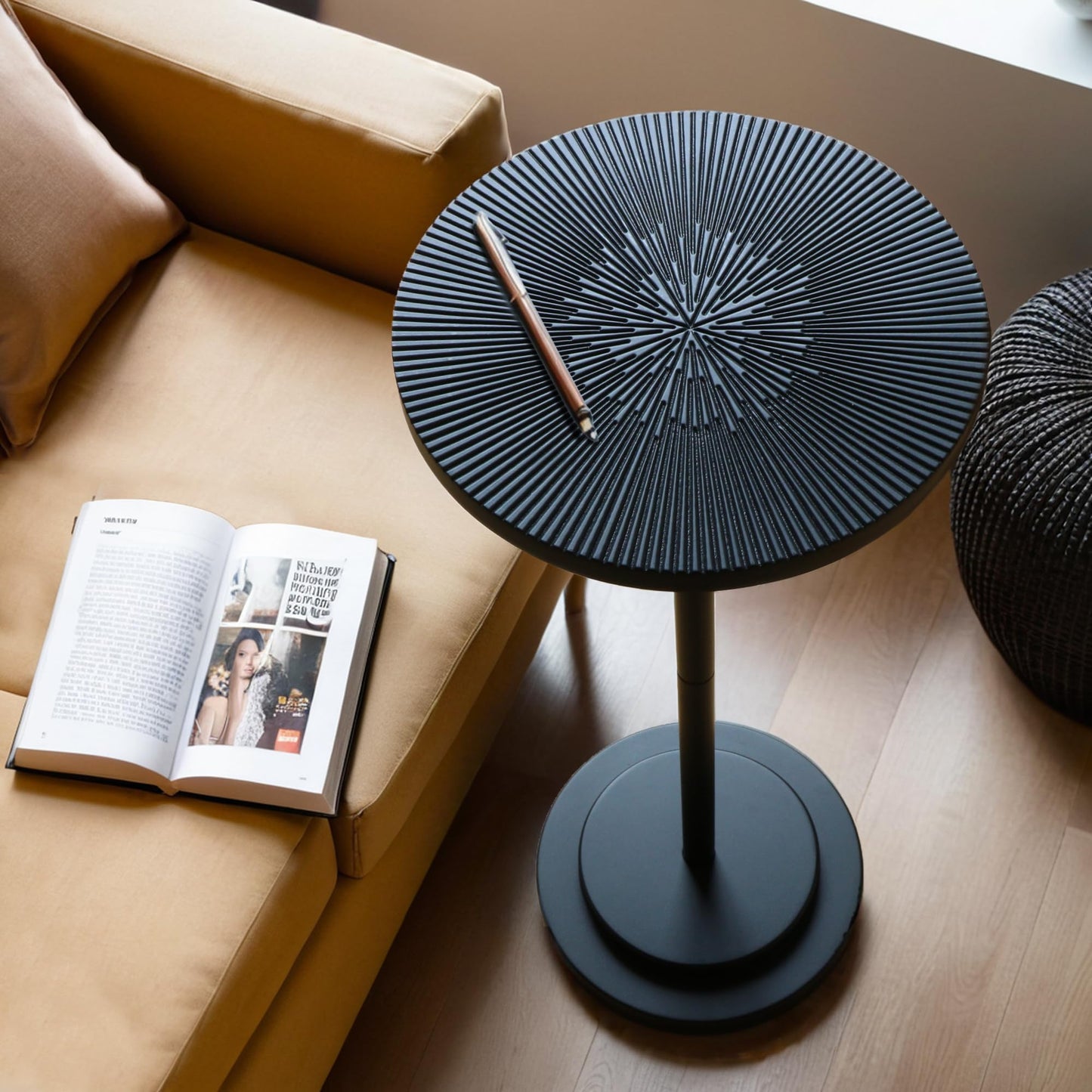 COVLON Drink Table, Carved Table Top Martini Table, Small Side Table, Weighted Base Pedestal Table for Living Room, Bedroom, Small Space, Modern, Black