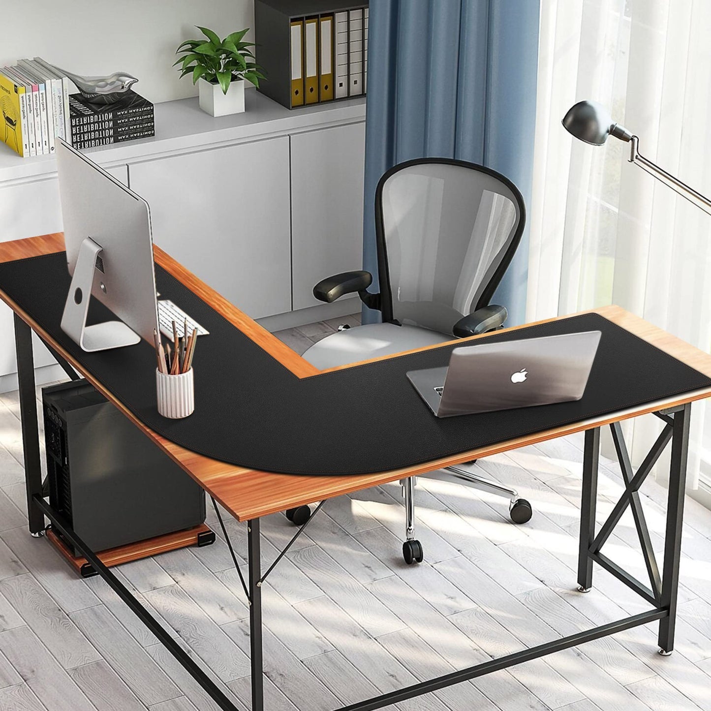 MAIDERN (47” + 47”) x 15.7” L Shaped Corner Desk Mat, Cork & Leather Reversible Desk Pad for Gaming Computer Office Home (Black)