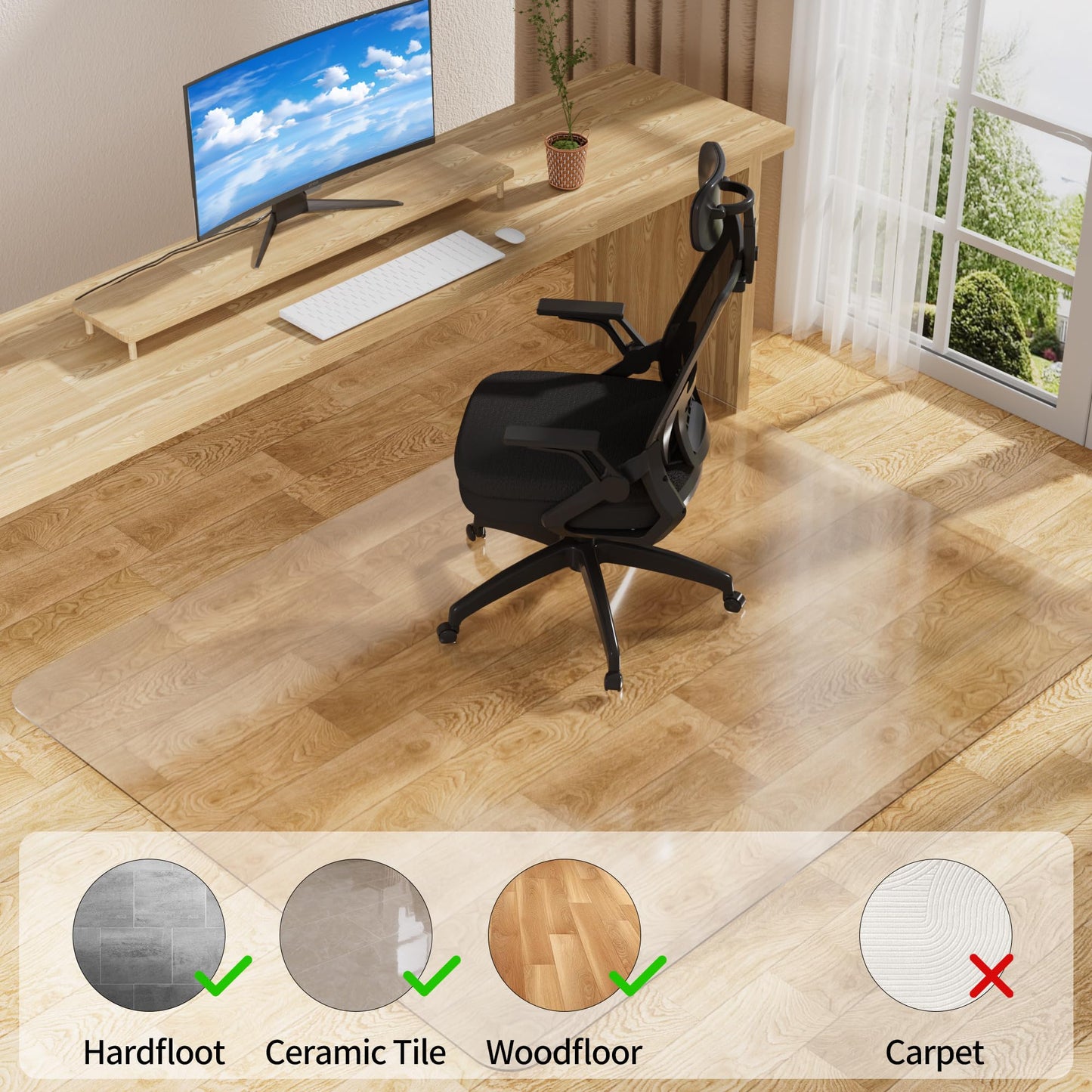 Office Chair Mat for Hard Floors 48 x 60 Inch, Clear Plastic Floor Protector for Rolling Desk & Computer Chairs, Transparent Under Desk Mat for Hardwood, Wood & Tile Floors