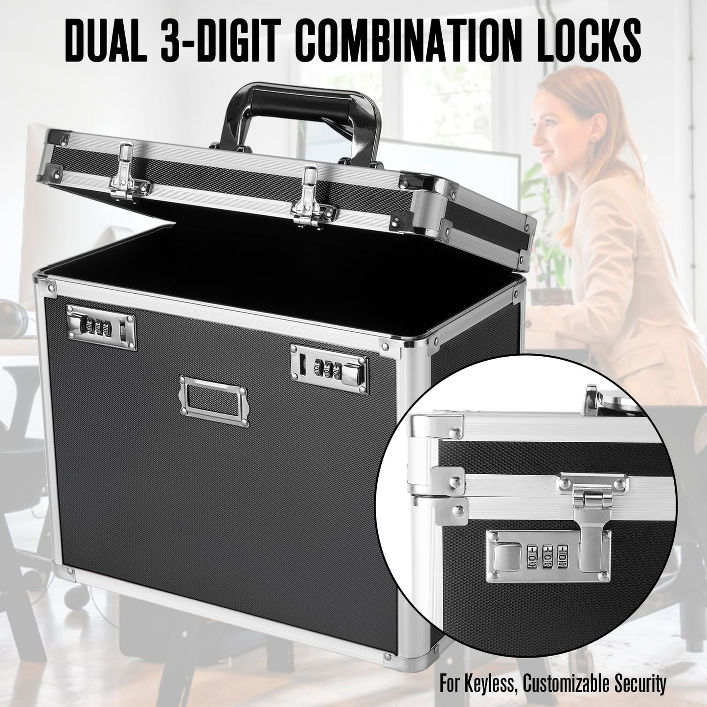 File Organizer Storage Box, Portable Locking Storage Totes - Storage Box with Dual Combination Locks for Filing Office Documents (Black)