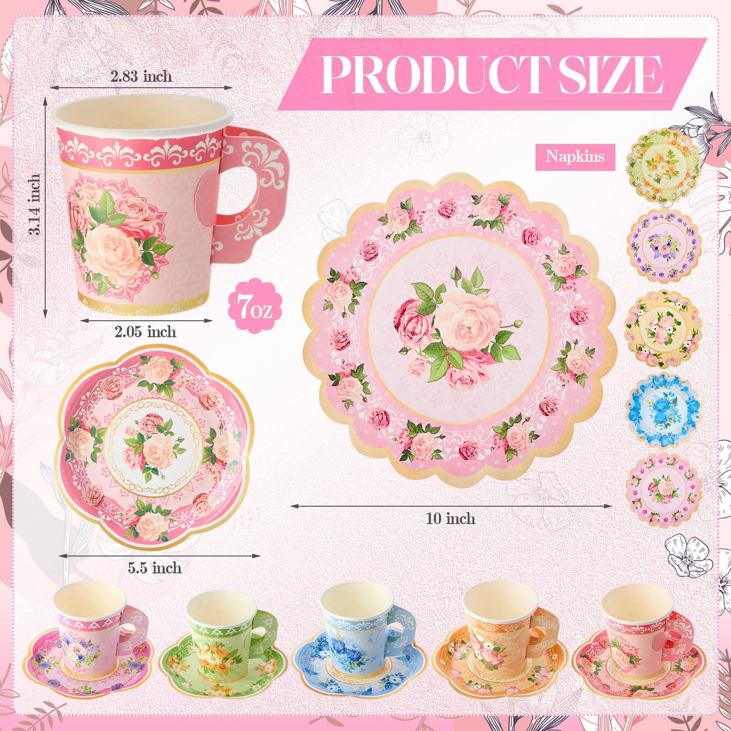 Nuogo 300 Pcs Disposable Tea Party Supplies Vintage Floral Paper Tea Cups with Handle and Plates Napkins Tea Cup and Saucer Set for Birthday Baby Shower Bridal Wedding Mother's Day, Serve 100 Guest