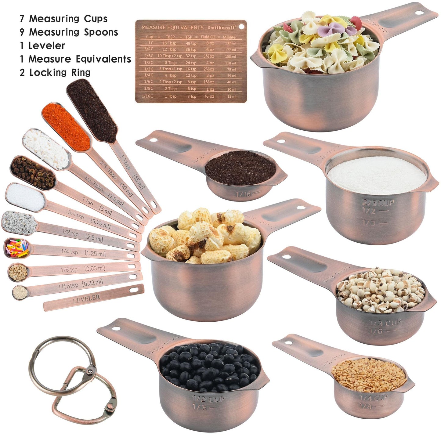 Smithcraft Measuring Cups and Spoons Set, Copper Measuring Cups and Spoons Set for Dry & Liquid, Metric&US 7 Stainless Steel MeasureR Cup&9 Spoon Leveler & Measure Enquivalents for Kitchen & Baking