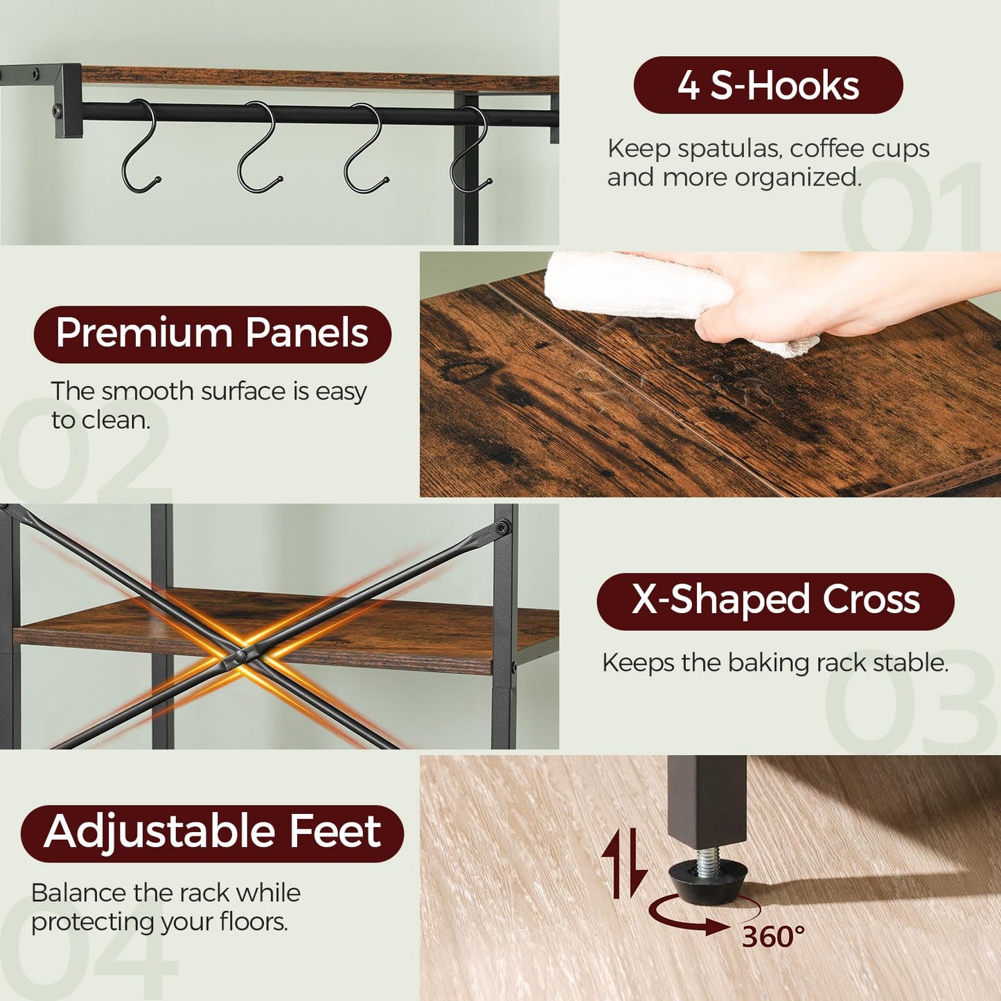 MAHANCRIS Bakers Rack with Drawer, Microwave Stand with Power Outlet, Coffee Bar Station with 4 Hooks, Kitchen Storage Shelf Rack 4 Tiers, for Kitchen, Dining Room, Rustic Brown and Black BRHR48E01
