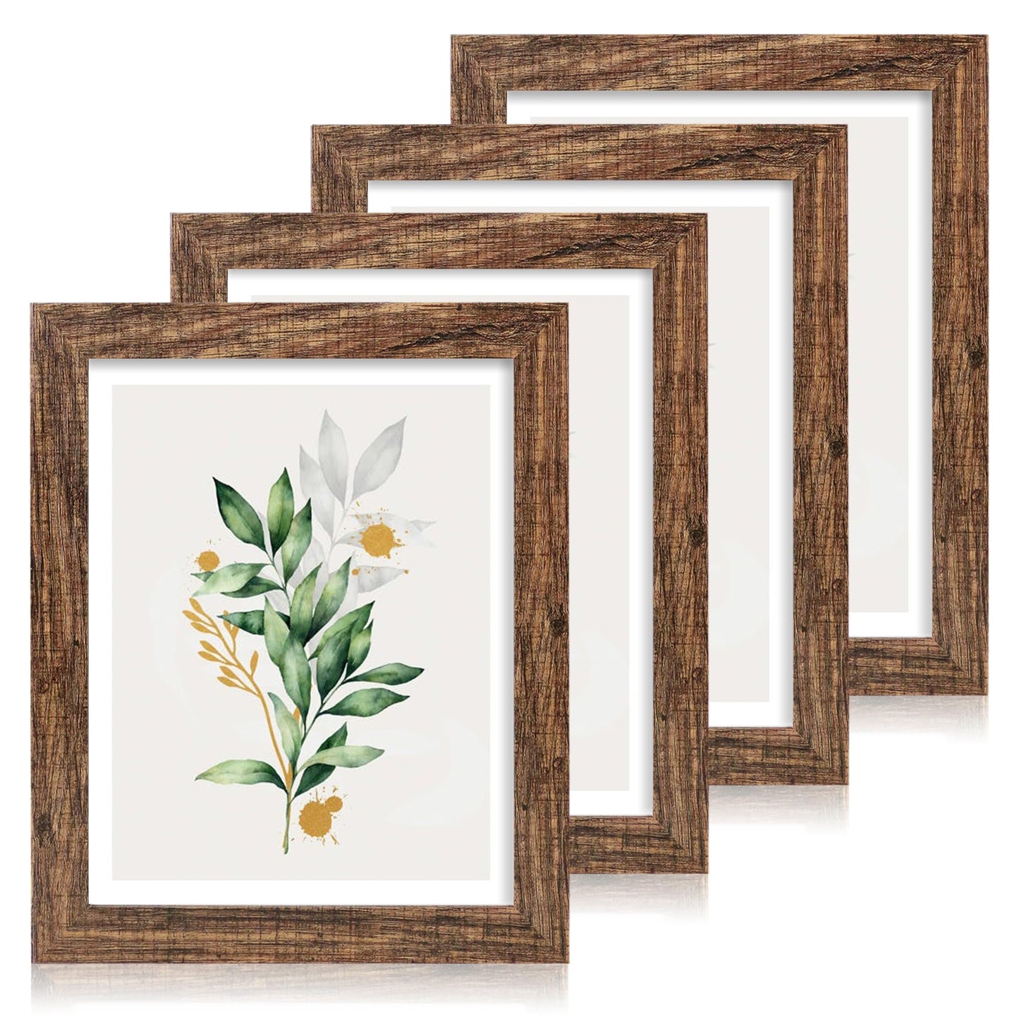 Hongkee 11x14 Picture Frame Set of 4, Made of Glass and Rustic Brown Wooden Frame, Display 8x10 Pictures with Mat or 11 x 14 Posters without Mat for Wall Mounting, Gallery Photo Frames