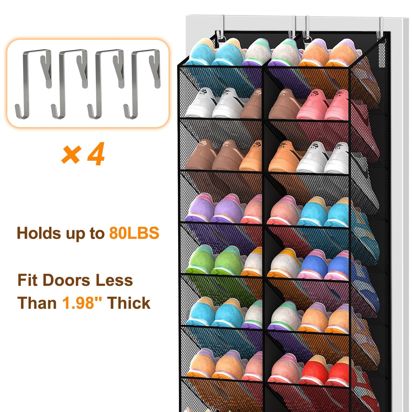UVIAHOMI 20-30 Pairs Over the Door Shoe Organizer, Breathable Pocket Hanging Shoe Storage for Closet, 10-Tier Door Shoes Rack, Handing Shoes Holder Fit All the Family's Sneakers, Boots, Heels, Black