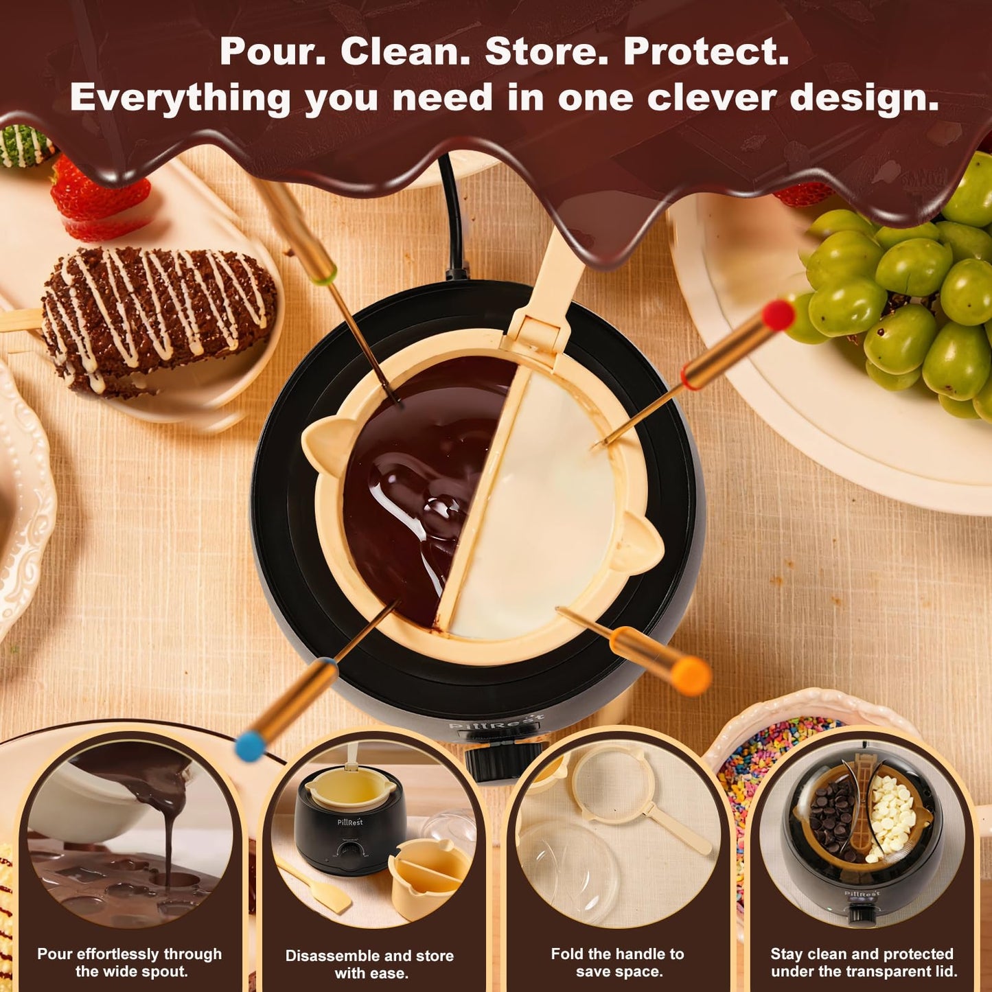 Chocolate Melting Pot, Electric Candy Melter with 2 Silicone Bowls, 17.6 OZ (500 ml) Fondue Pot Set & Chocolate Warmer Set for Dipping Cheese, Candy, Cake Pop, Home Fondue Parties Essential Supplies
