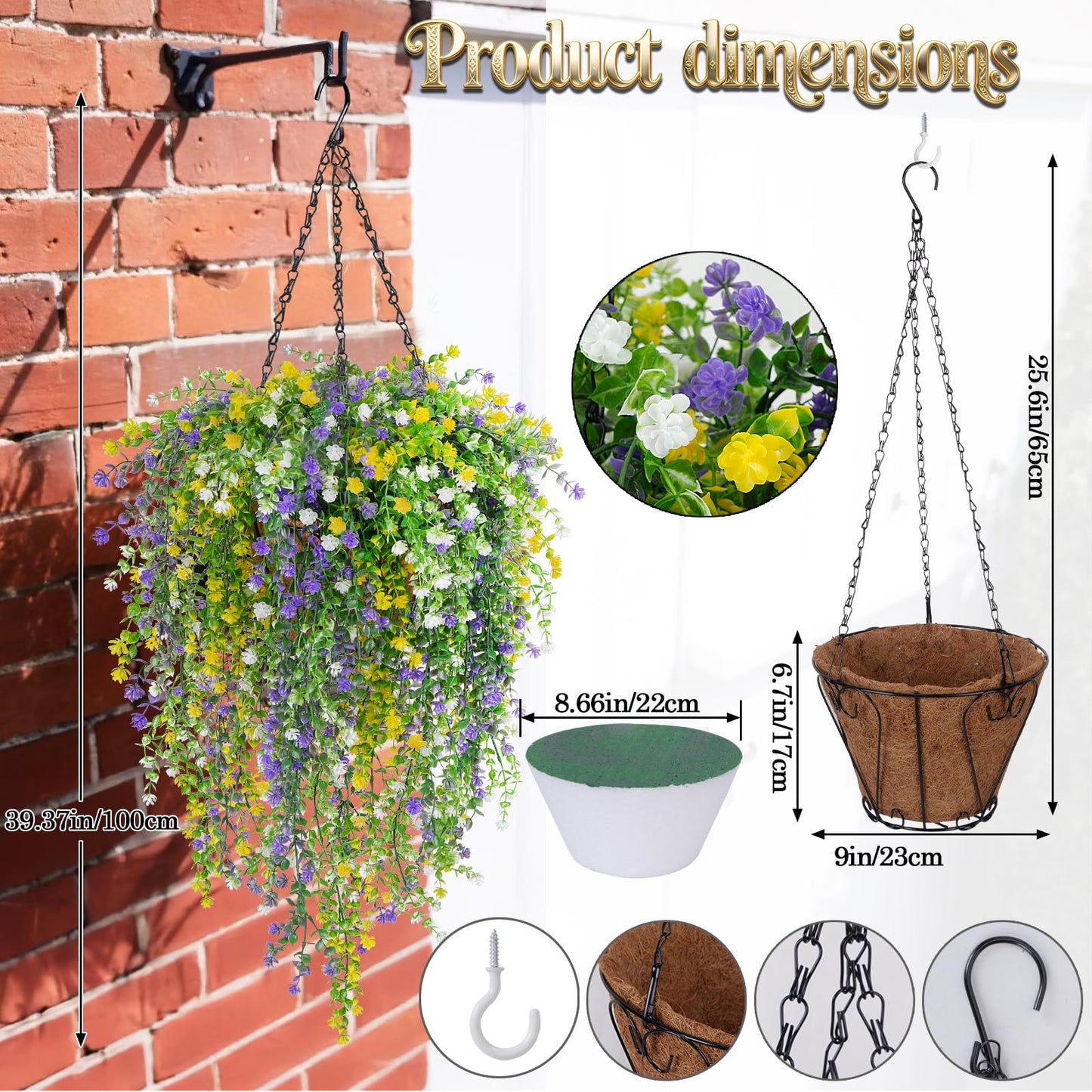 MHMJON 2 Set Artificial Flower Hanging Baskets for Outdoors, 20Pcs Fake Hanging Plants, Outdoor Faux Flowers UV Resistant for Spring Summer Porch Patio Garden Home Decoration (White+Purple+Yellow)