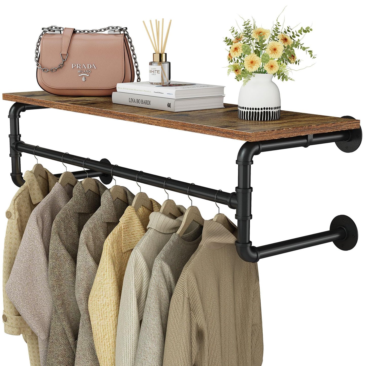UlSpeed Clothes Rack with Top Shelf, 43.3in Industrial Pipe Wall Mounted Garment Rack, Space-Saving Display Hanging Clothes Rack, Heavy Duty Detachable Multi-Purpose Hanging Rod for Closet Storage