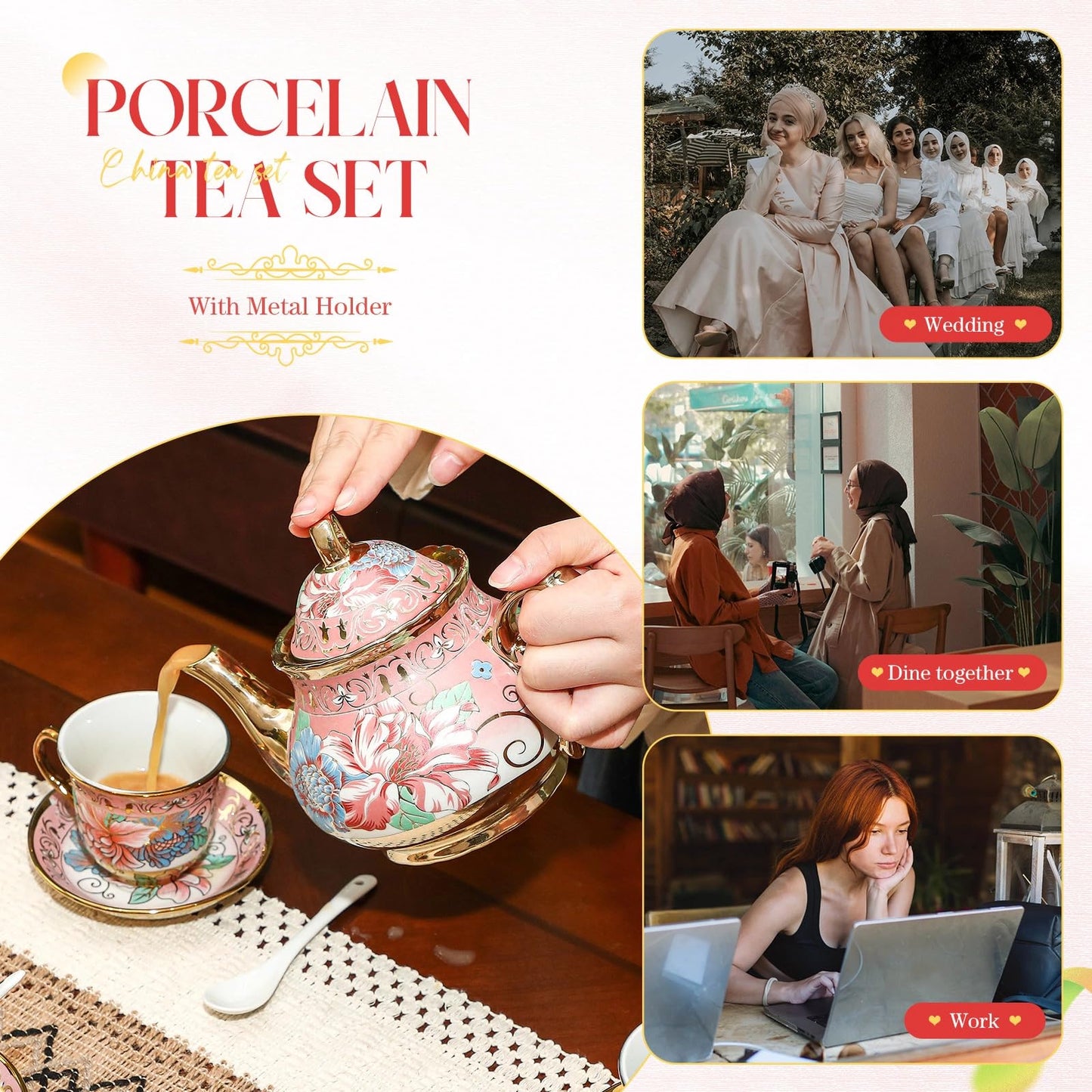 Gandeer 20 Pcs Porcelain Tea Set for Adults with Metal Holder and Spoon European Ceramic Tea Party Set Flower Painting Teapot Cup Saucer for Women Gift, Serving 6 People(Fresh)