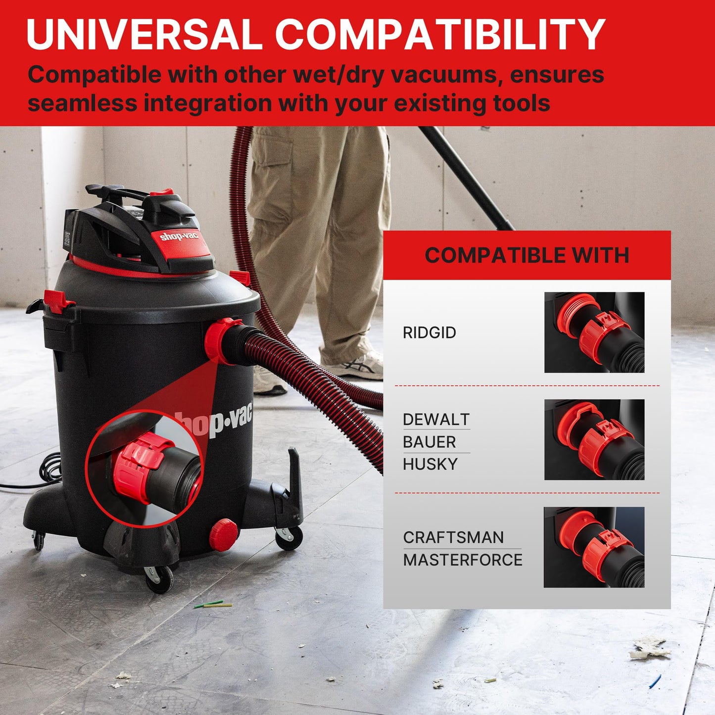 Shop-Vac Premium Universal Hose Plastic 12'X 1-7/8", Vacuum Hose Compatible with Rigid, Dewalt, Husky, Craftsman, Bauer, Masterforce Vacuum Cleaners