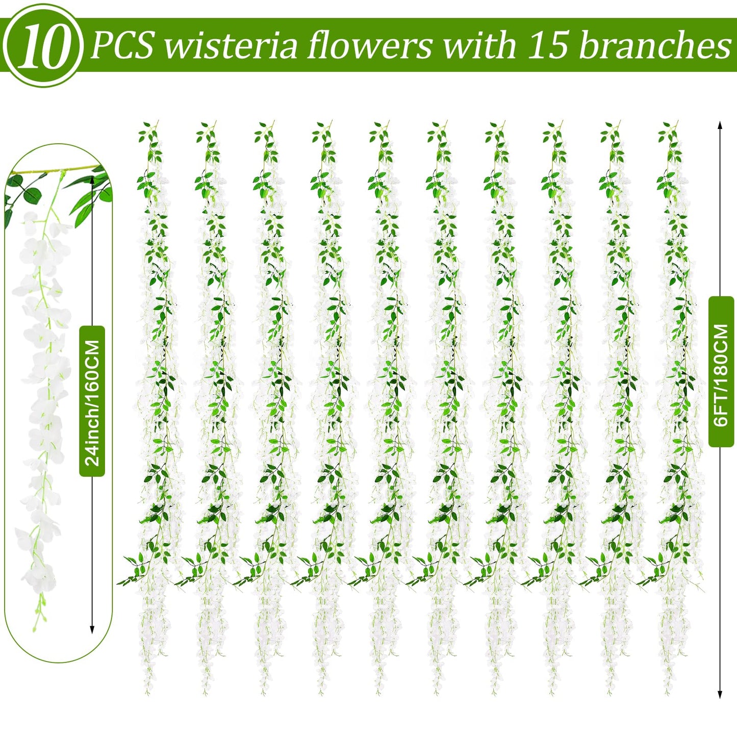 HLAONU 150 Branches Wisteria Hanging Flowers,10Pcs Total 60ft White Wisteria Artificial Flowers Garland Vine Silk Hanging Flowers for Wedding Party Arch Ceremony Garden Home Backdrop Decor
