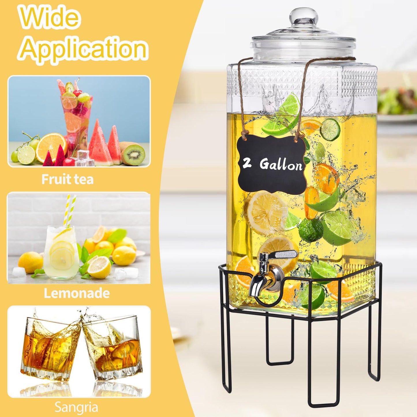 2 Gallon Glass Drink Dispenser, Drink Dispensers for Parties, Beverage Dispenser with Stand and Glass Lid, 100% Leakproof Spigot, Ideal for Lemonade, Juice, Laundry Detergent Dispenser
